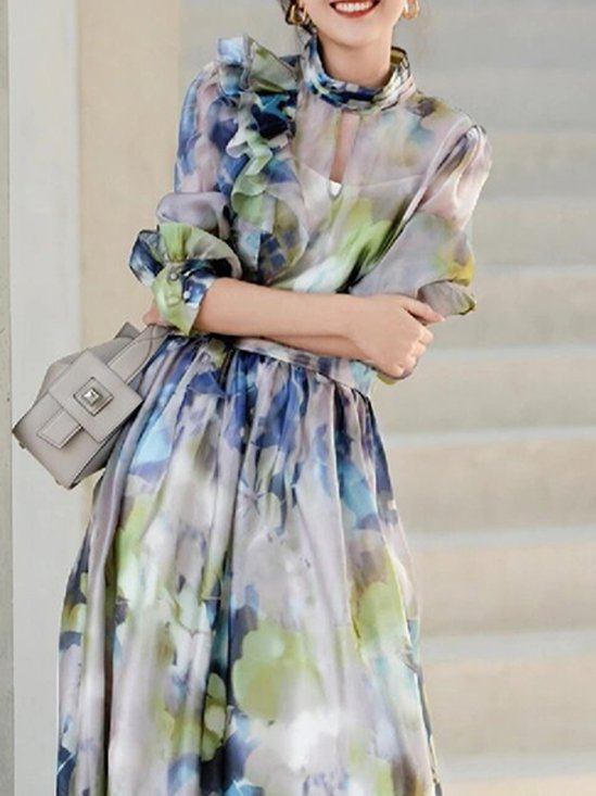 Elegant Stand Collar Floral Blouse Including Camisole Inside