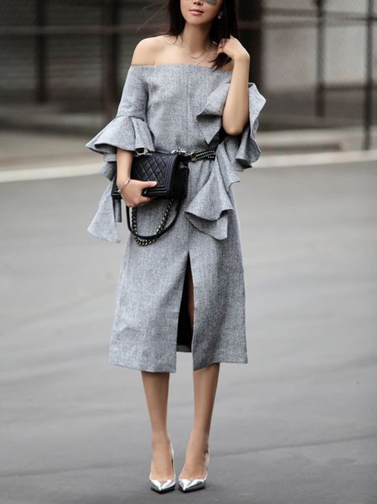 Cold Shoulder Urban Plain Midi Dress