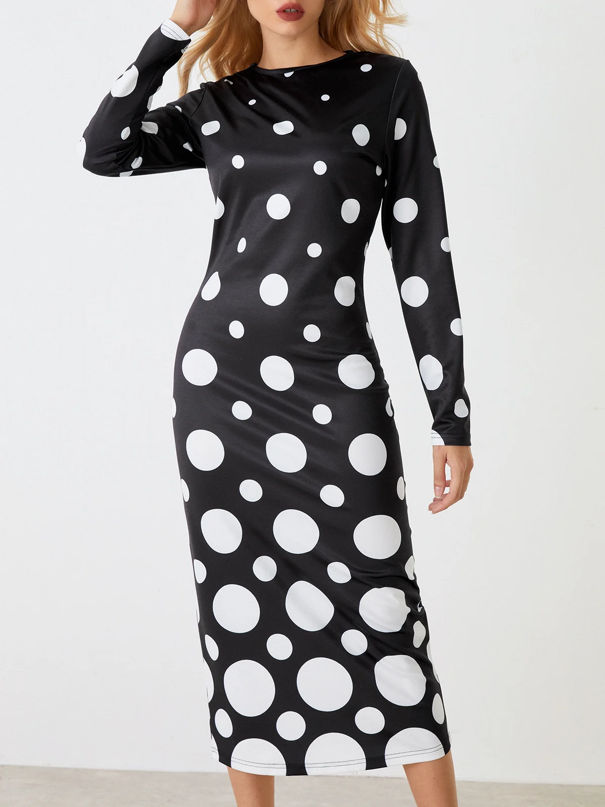 Tight Elegant Polka Dots Long Sleeve Maxi Dress