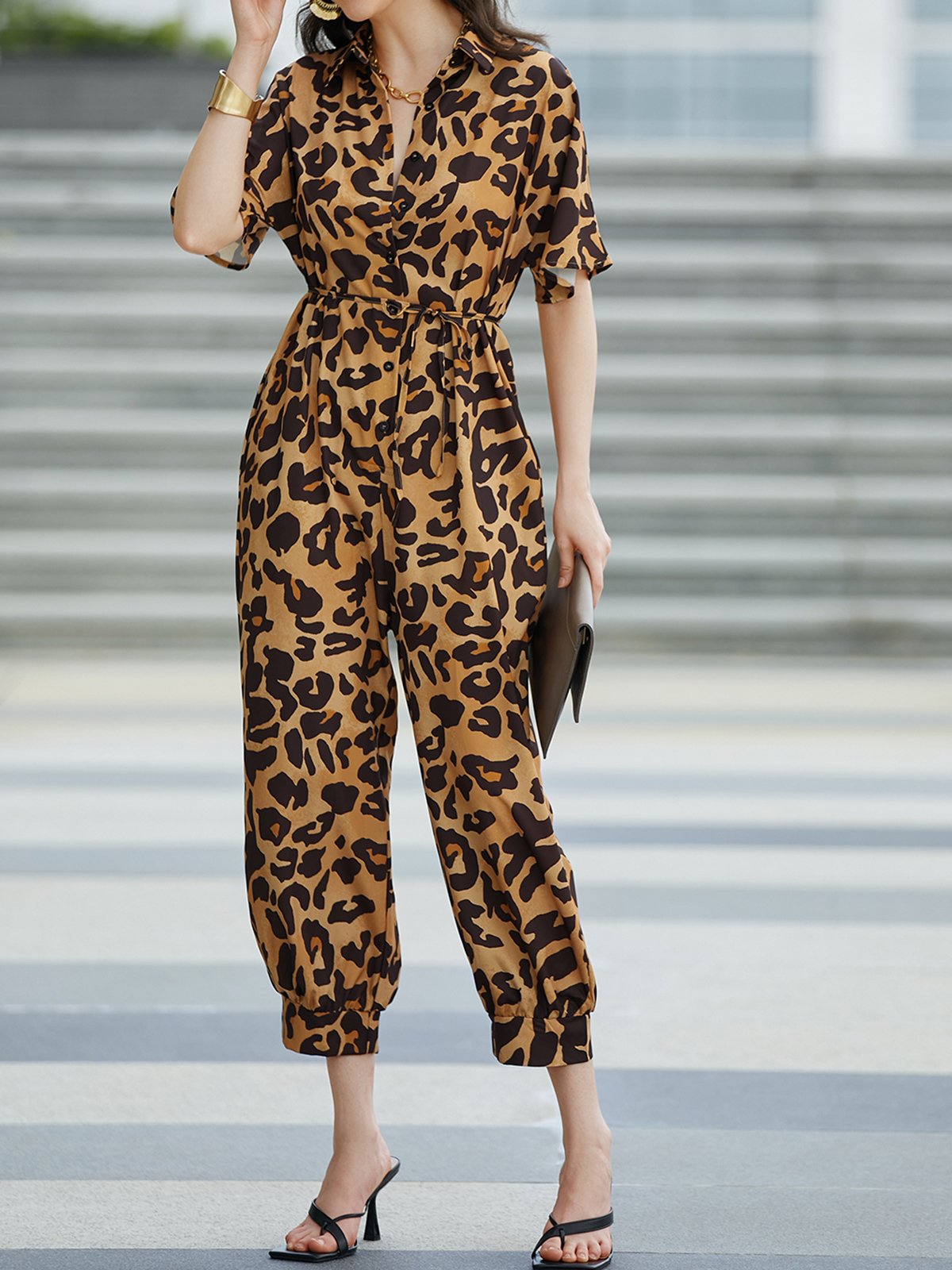 Casual Leopard Regular Fit Shawl Collar Jumpsuit