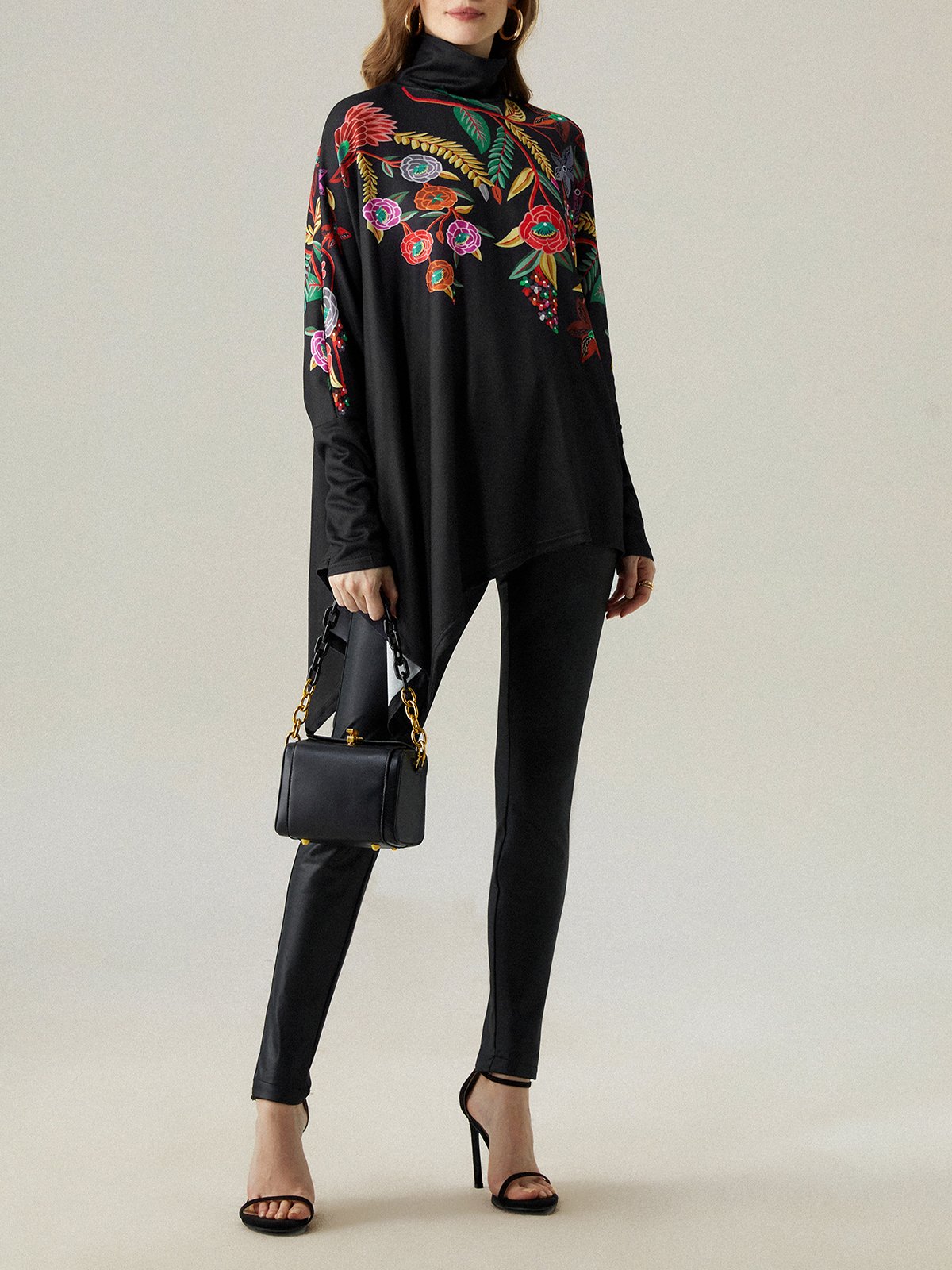 High Elasticity Floral Loose Long Sleeve Turtleneck Urban Shirt