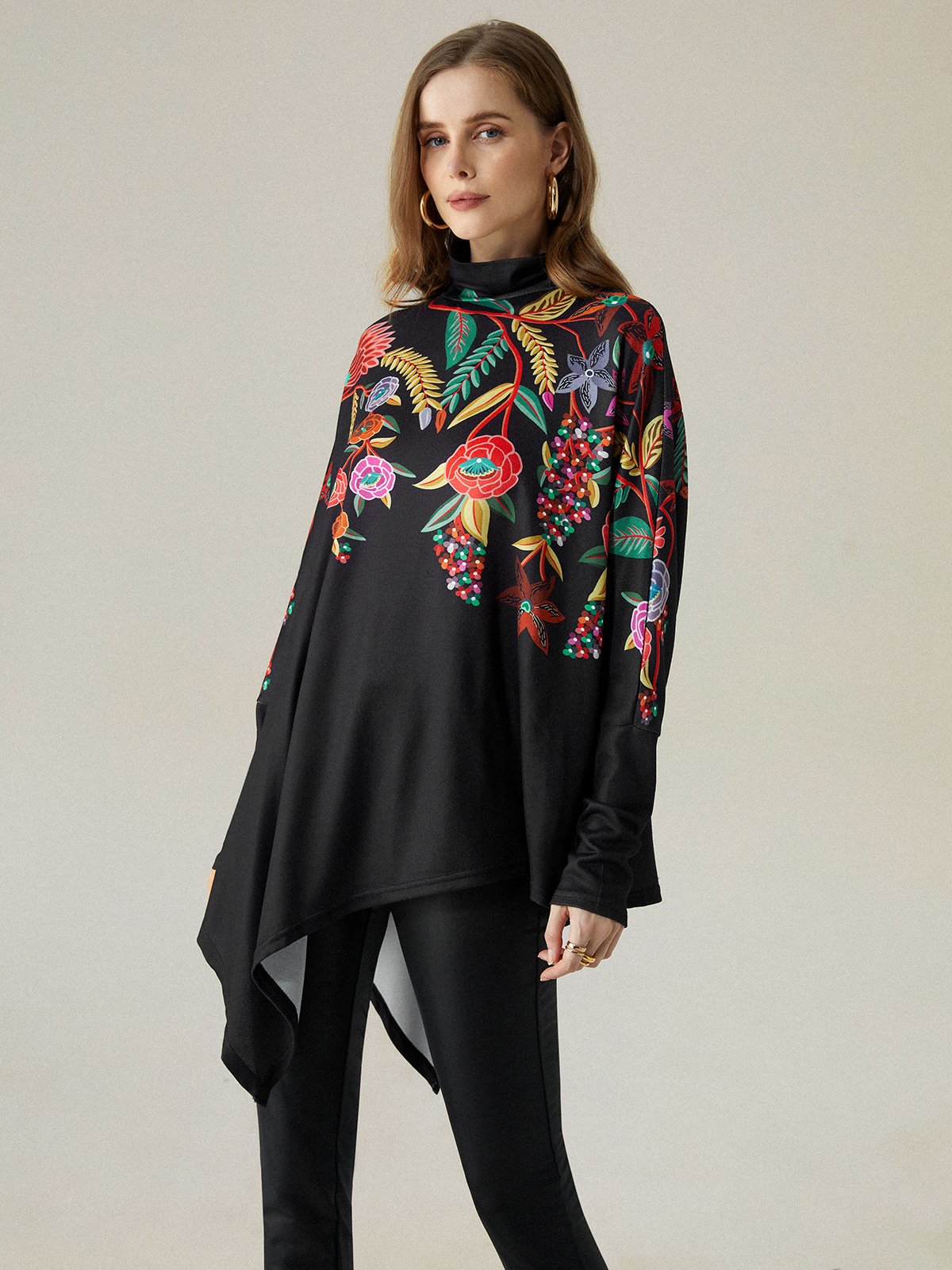 High Elasticity Floral Loose Long Sleeve Turtleneck Urban Shirt