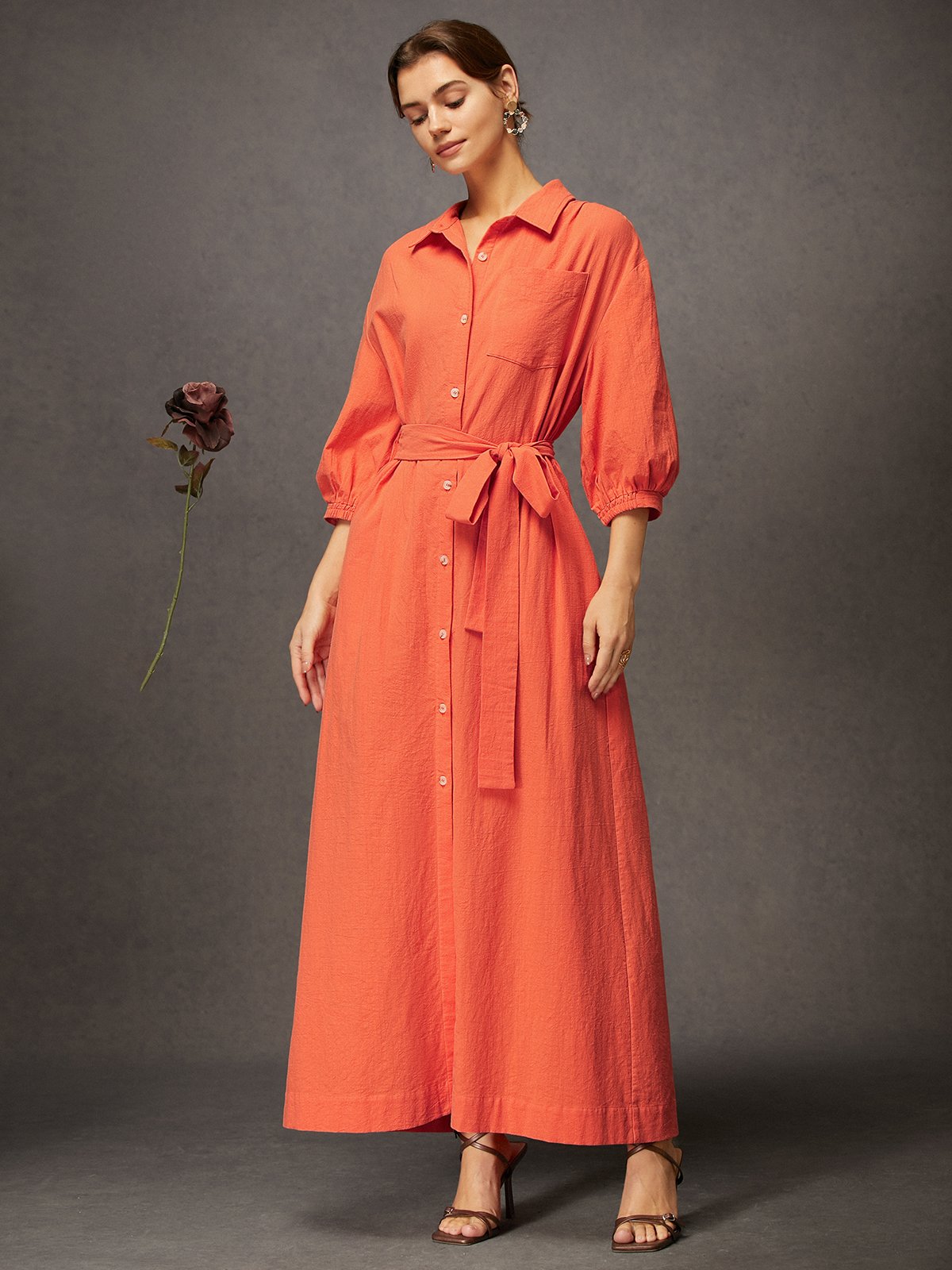 Daily Linen Button-Front Belted Shirt Dress with Pocket