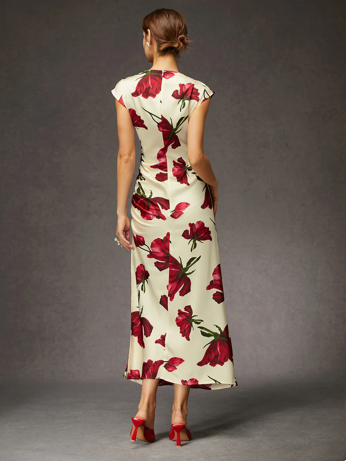 Elegant Floral Slit Ruched Cowl Neck Slim Midi Dress