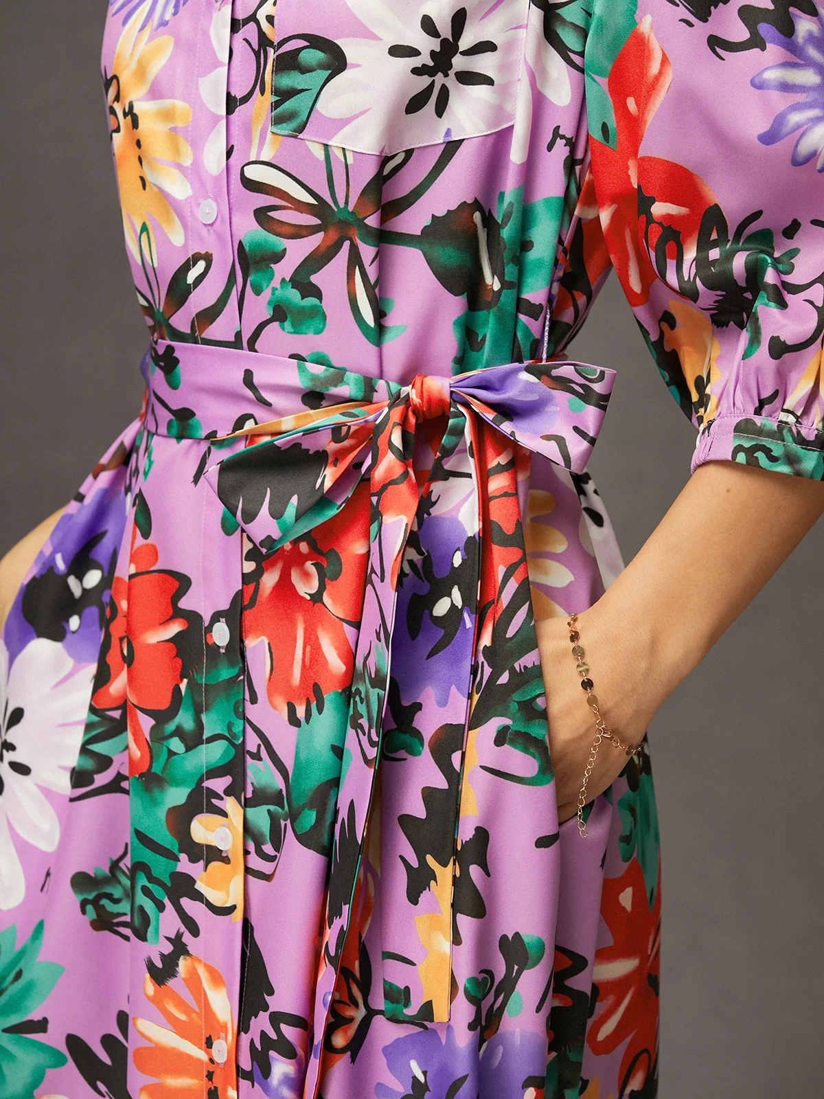 Vacation Floral Button-Front Belted Shirt Dress with Pocket