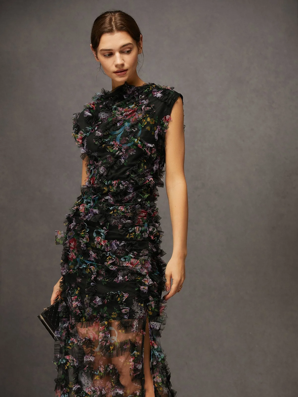 Elegant Ruched Cowl Neck Floral Textured Slit Midi Dress