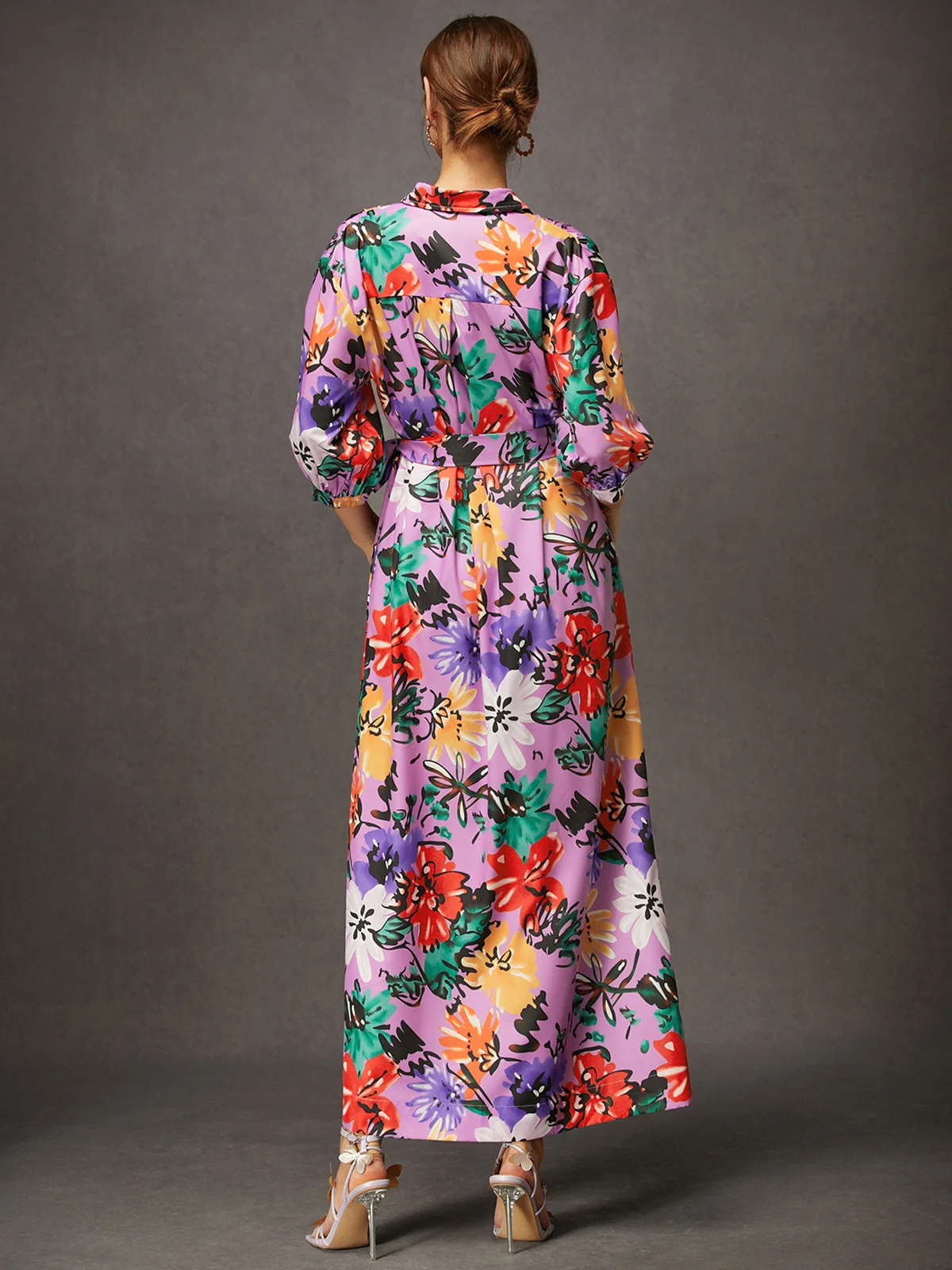 Vacation Floral Button-Front Belted Shirt Dress with Pocket