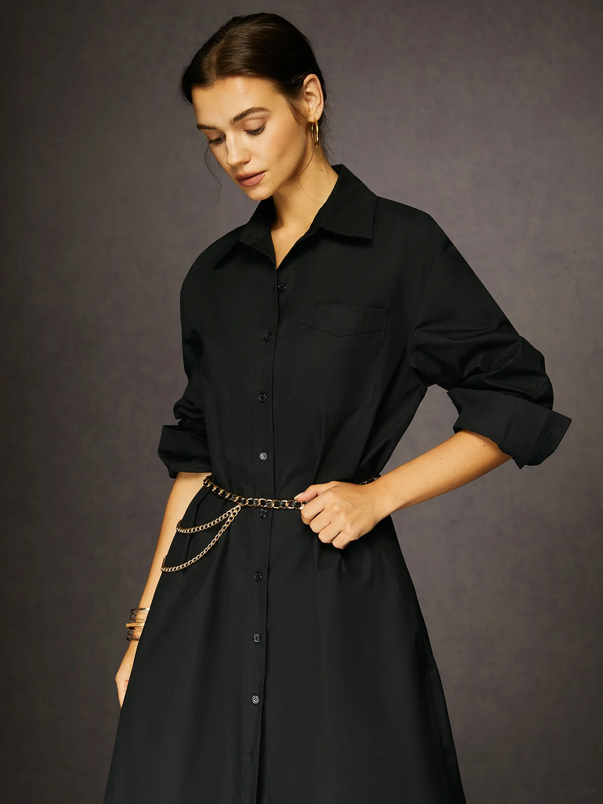 Urban Plain Shirt Collar Black Maxi Dress