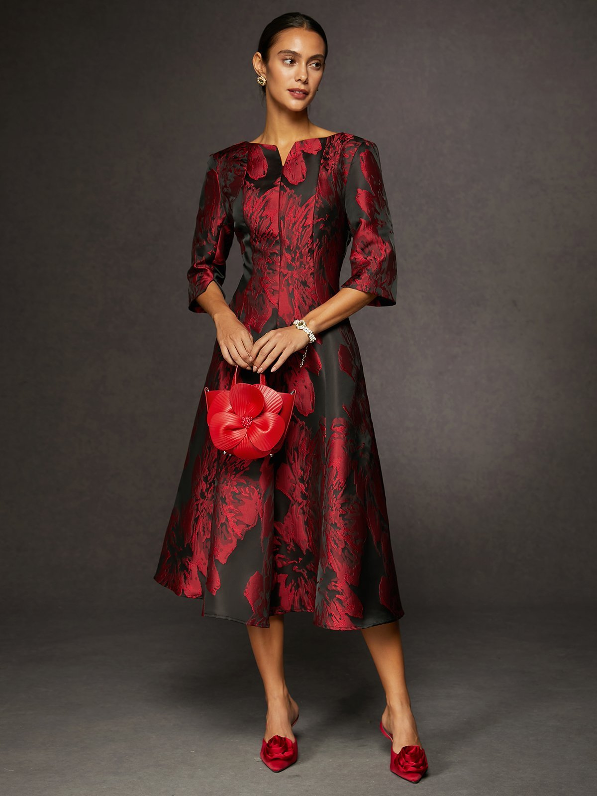 Satin Floral Pocket Elegant Formal Dress