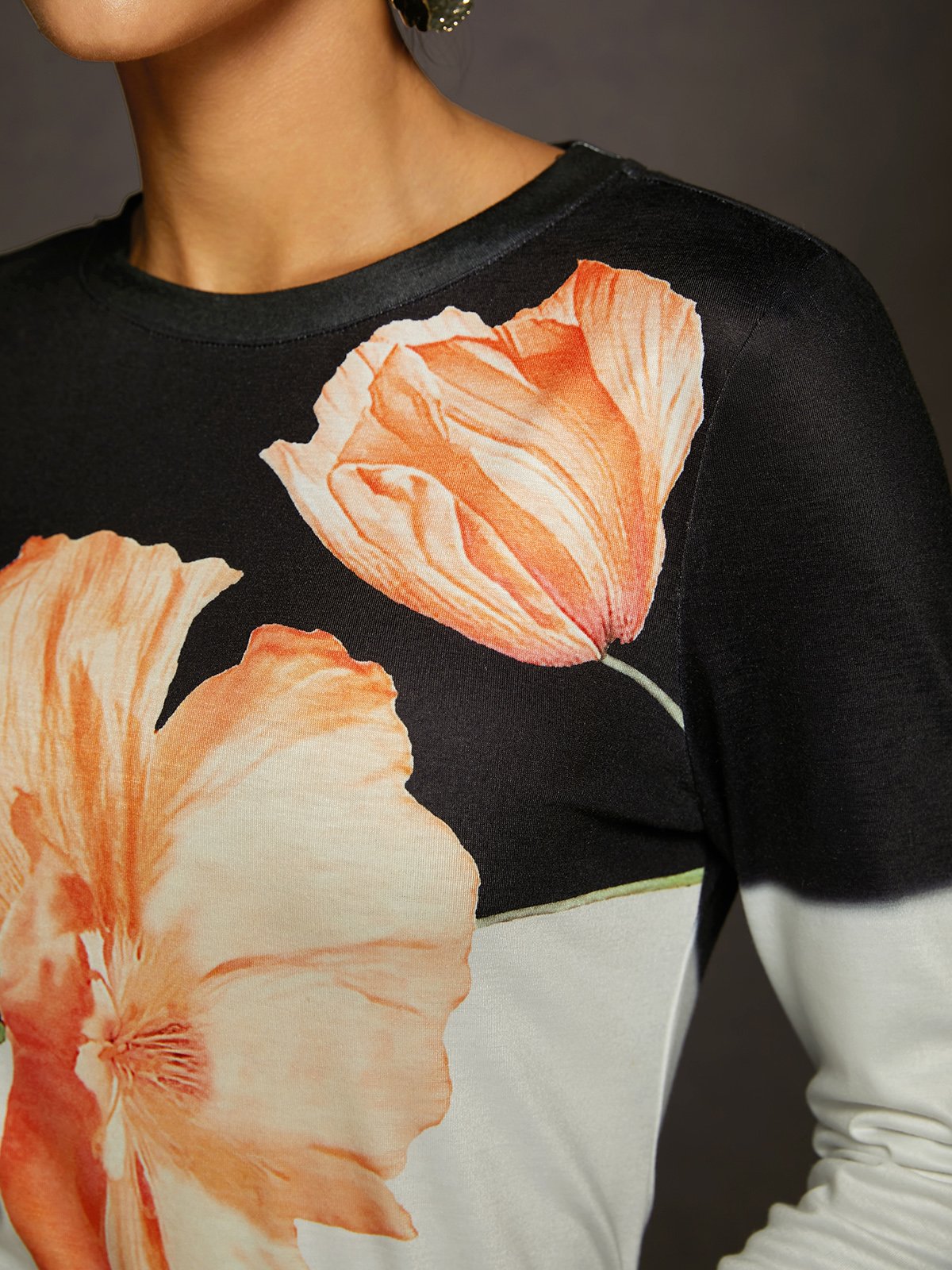 High Elasticity Urban Crew Neck Tight Floral T-Shirt