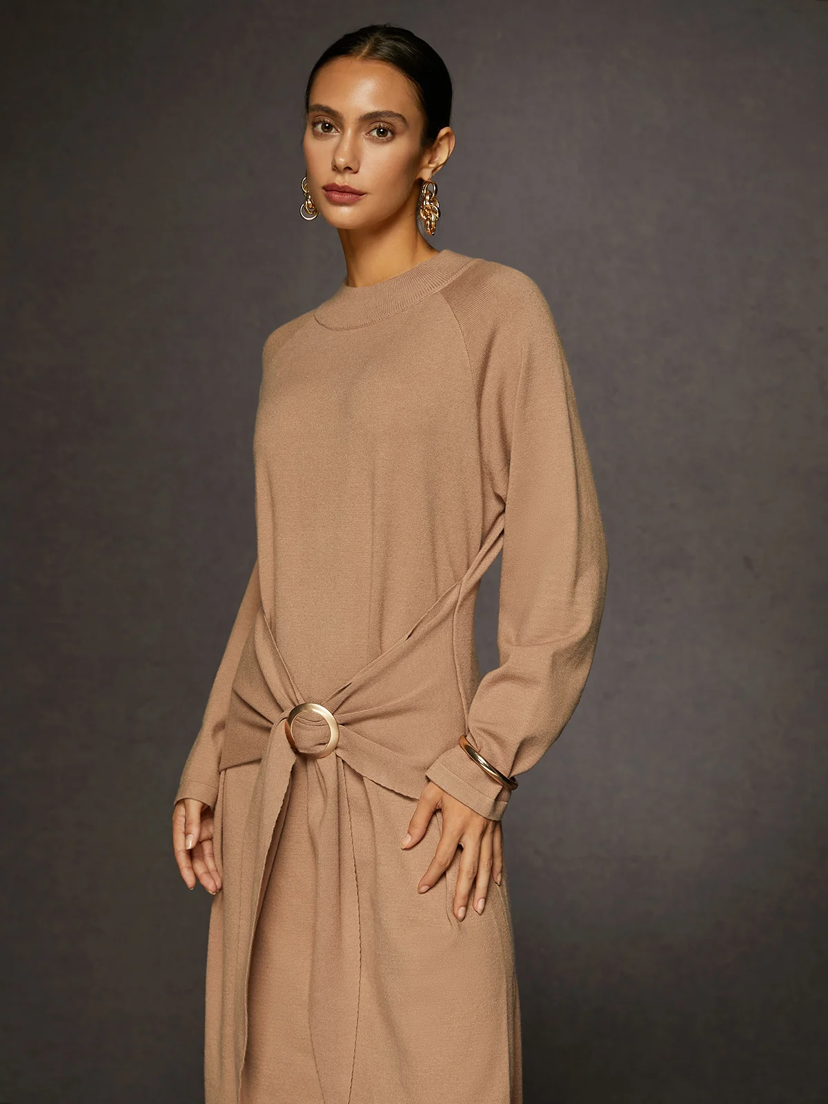 Urban Crew Neck Knot Front Sweater Wool Dress