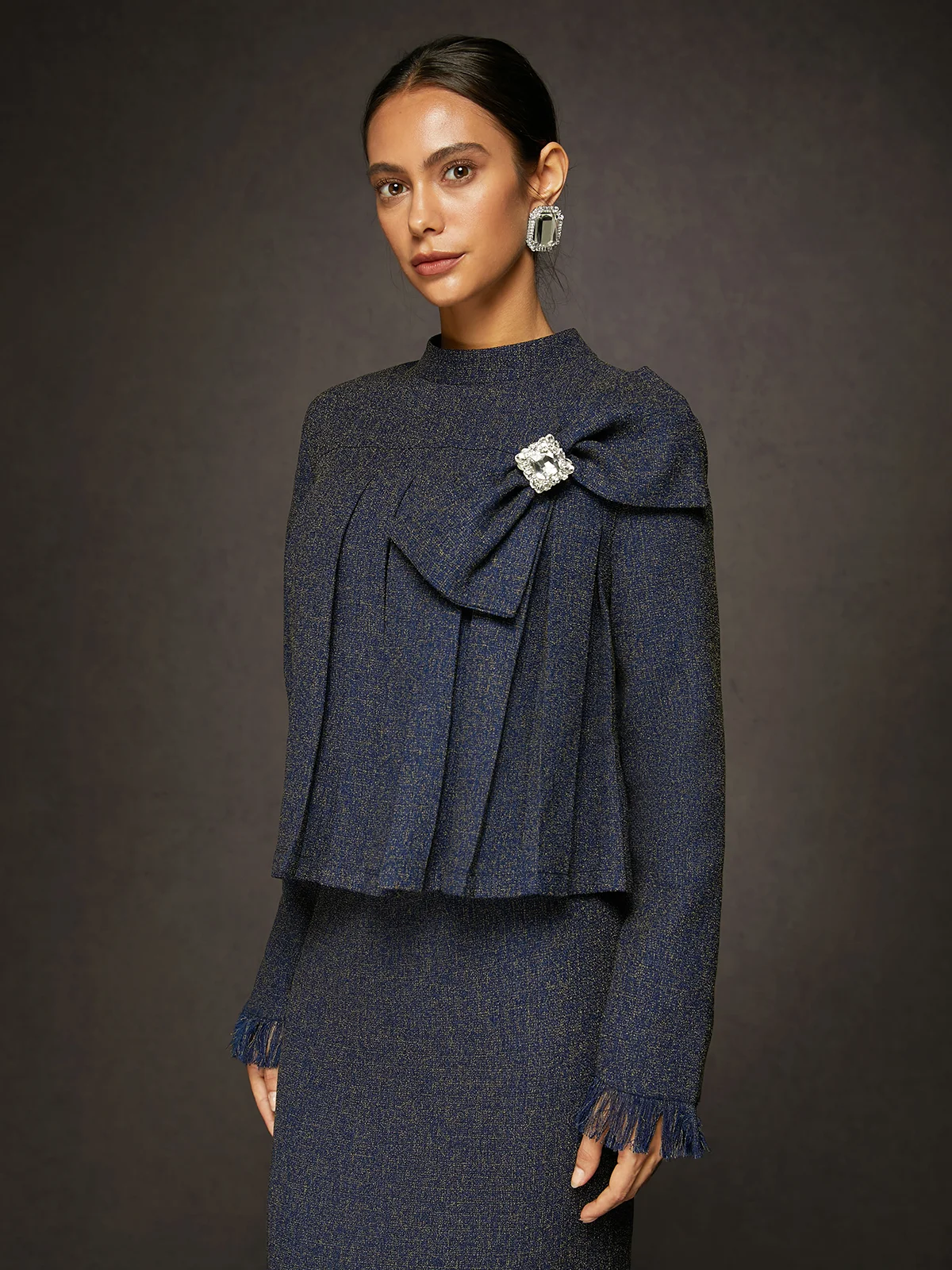 Elegant Bow Pleated Tweed Stand Collar Blouse