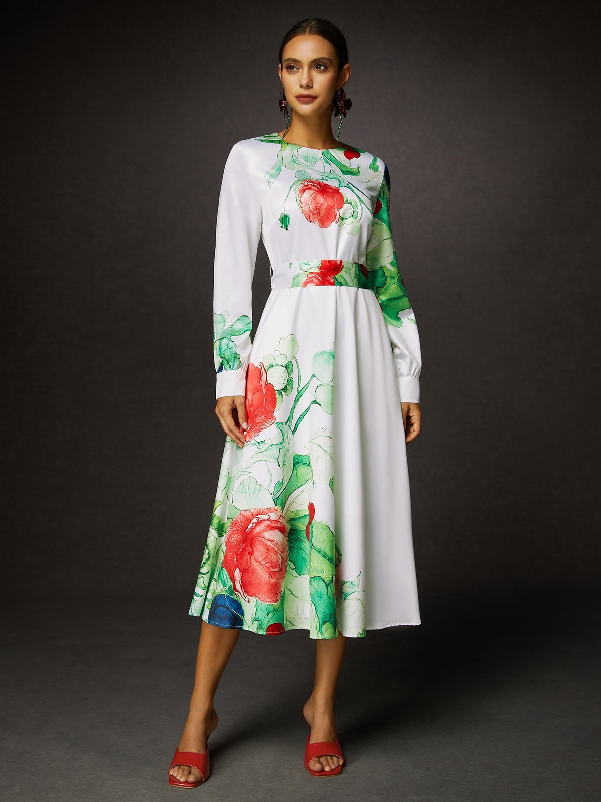 Elegant Floral Balloon Sleeve Satin Dress with Belt