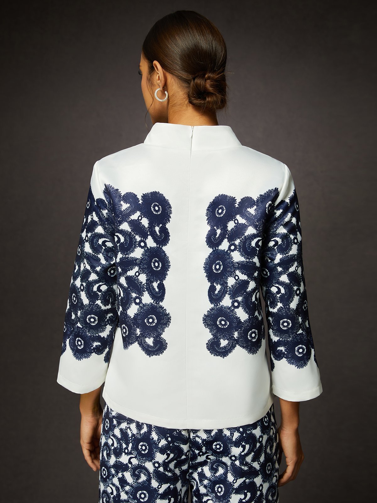 Elegant Boat Neck Three Quarter Sleeve Print Blouse