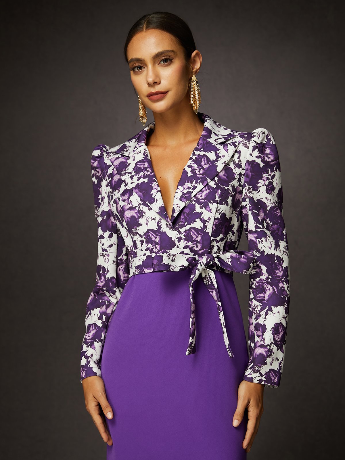 Puff Sleeve Lapel Collar Floral Elegant Party Dress