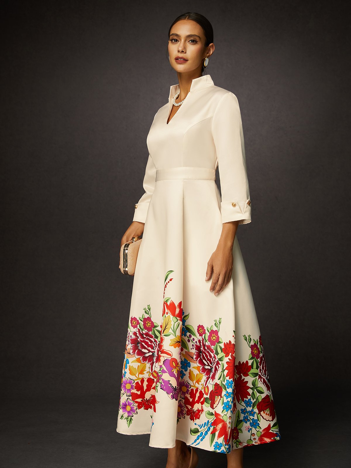 Elegant Floral V Neck Pockets Satin Maxi Dress