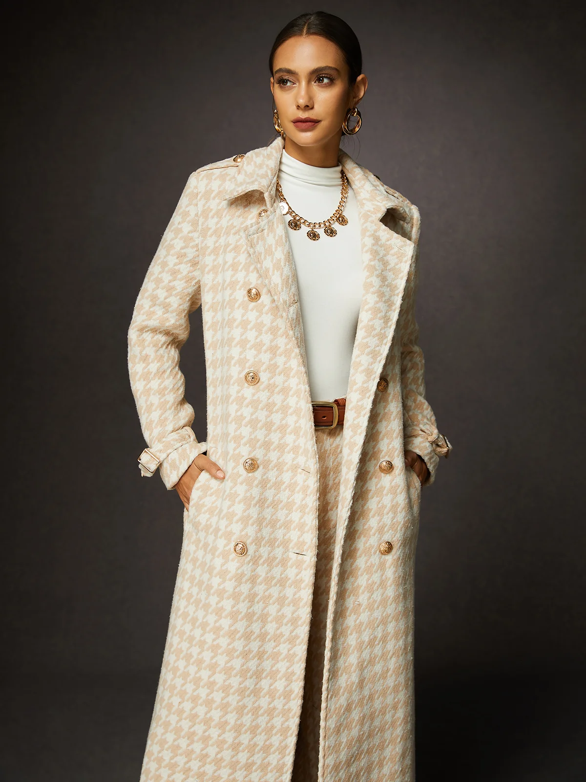 Buttoned Houndstooth Lapel Collar Urban Coat