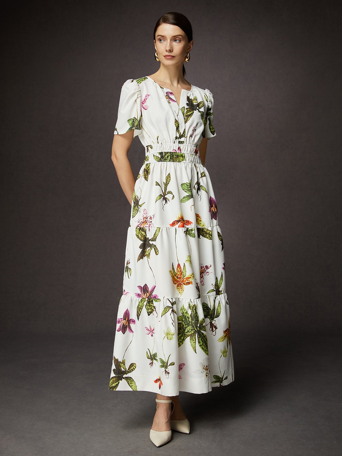 Elegant Floral V Neck Maxi Dress