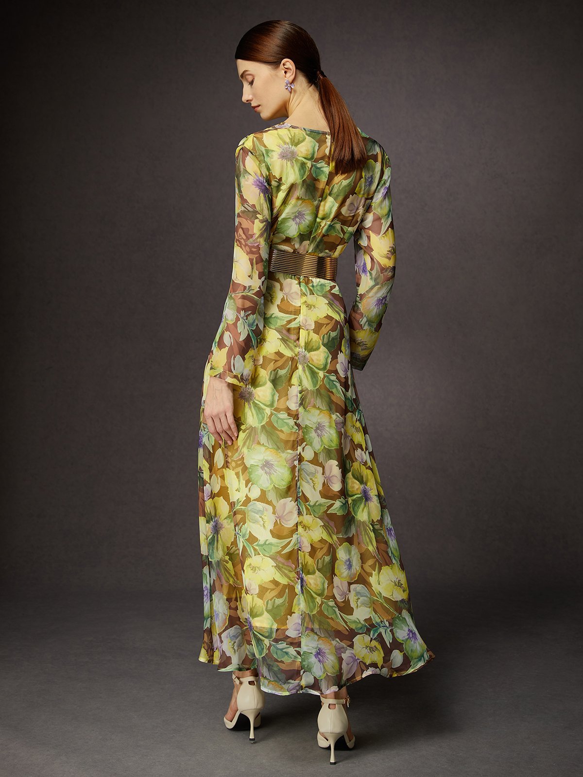 Elegant Floral V Neck Maxi Dress No Belt