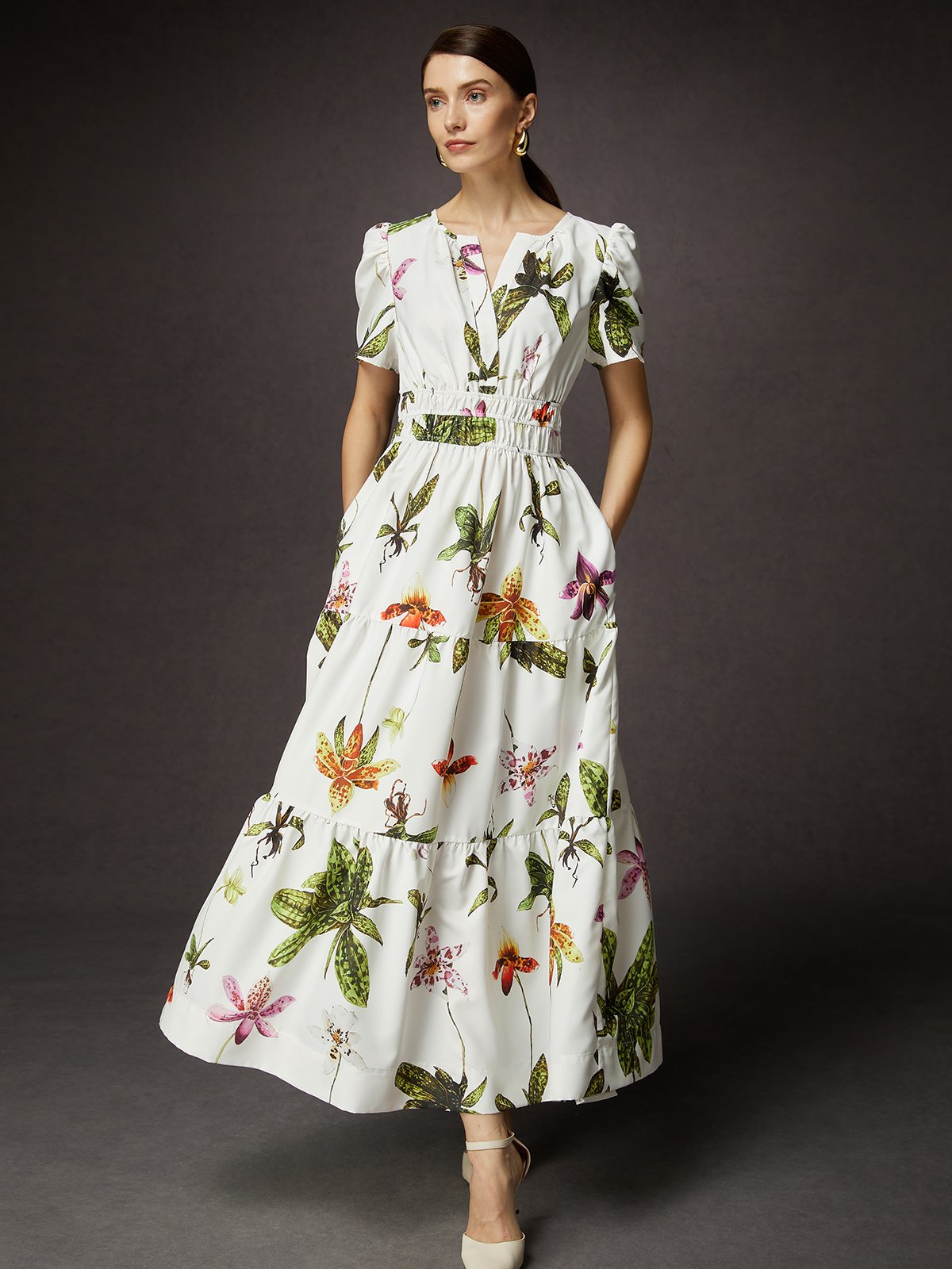 Elegant Floral V Neck Maxi Dress