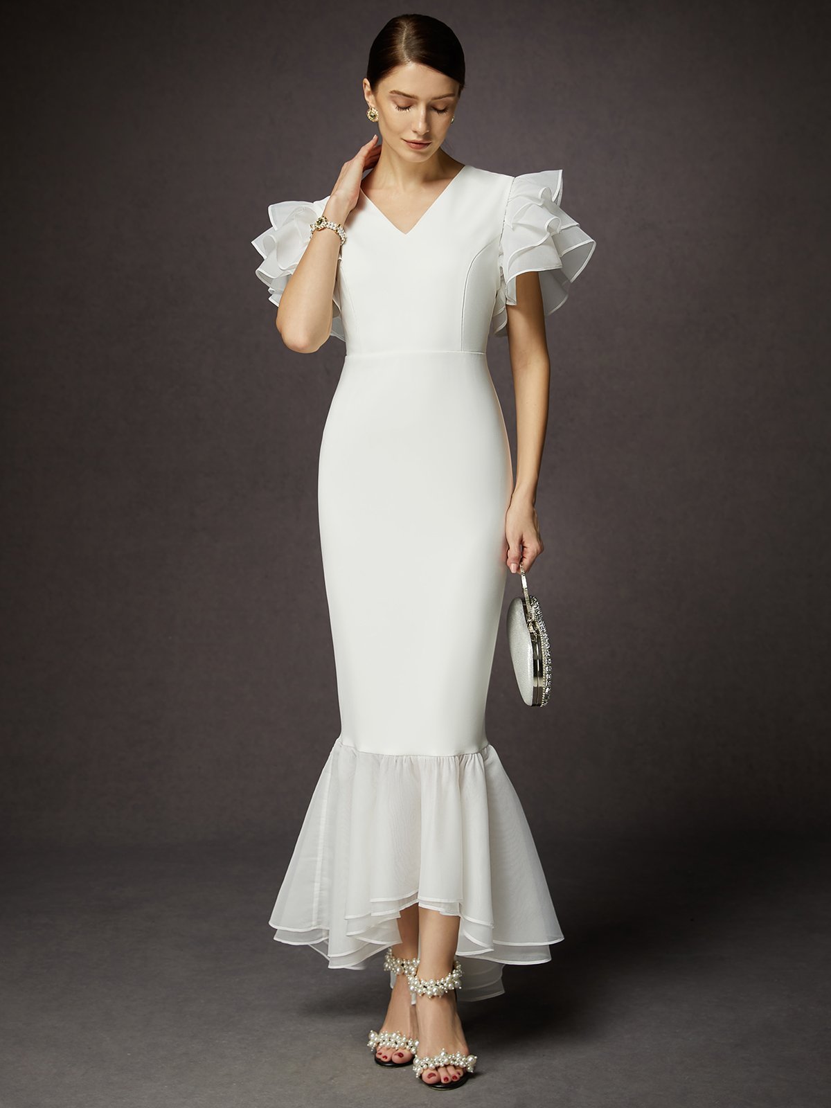 Elegant Plain Ruffle Sleeve V Neck Formal Dress