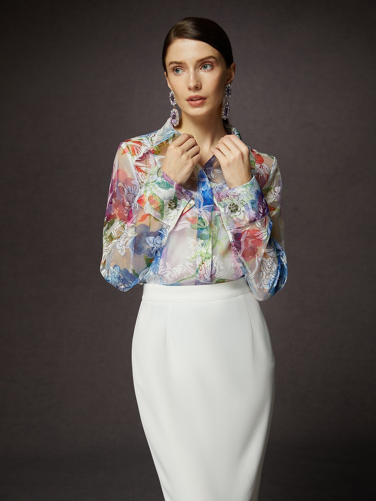 Elegant Floral Jacquard Buttoned Sheer Tulle Shirt With Vest