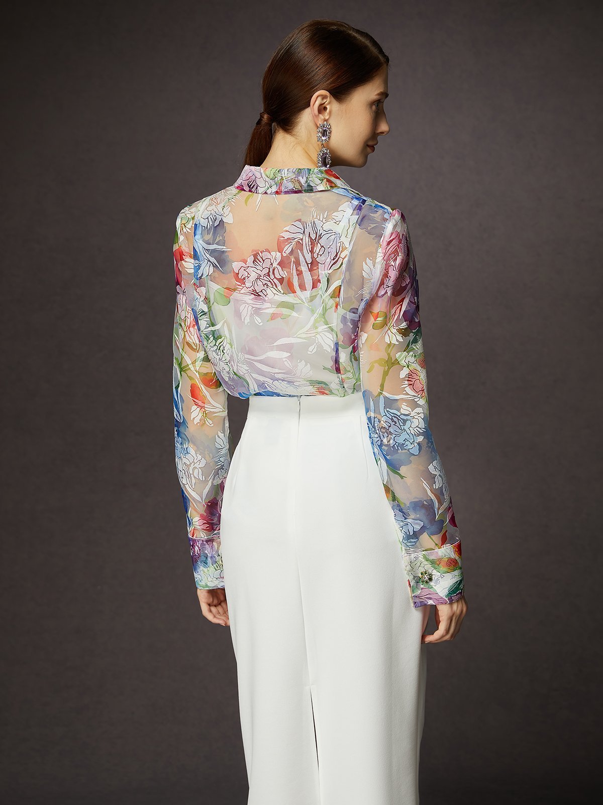 Elegant Floral Jacquard Buttoned Sheer Tulle Shirt With Vest