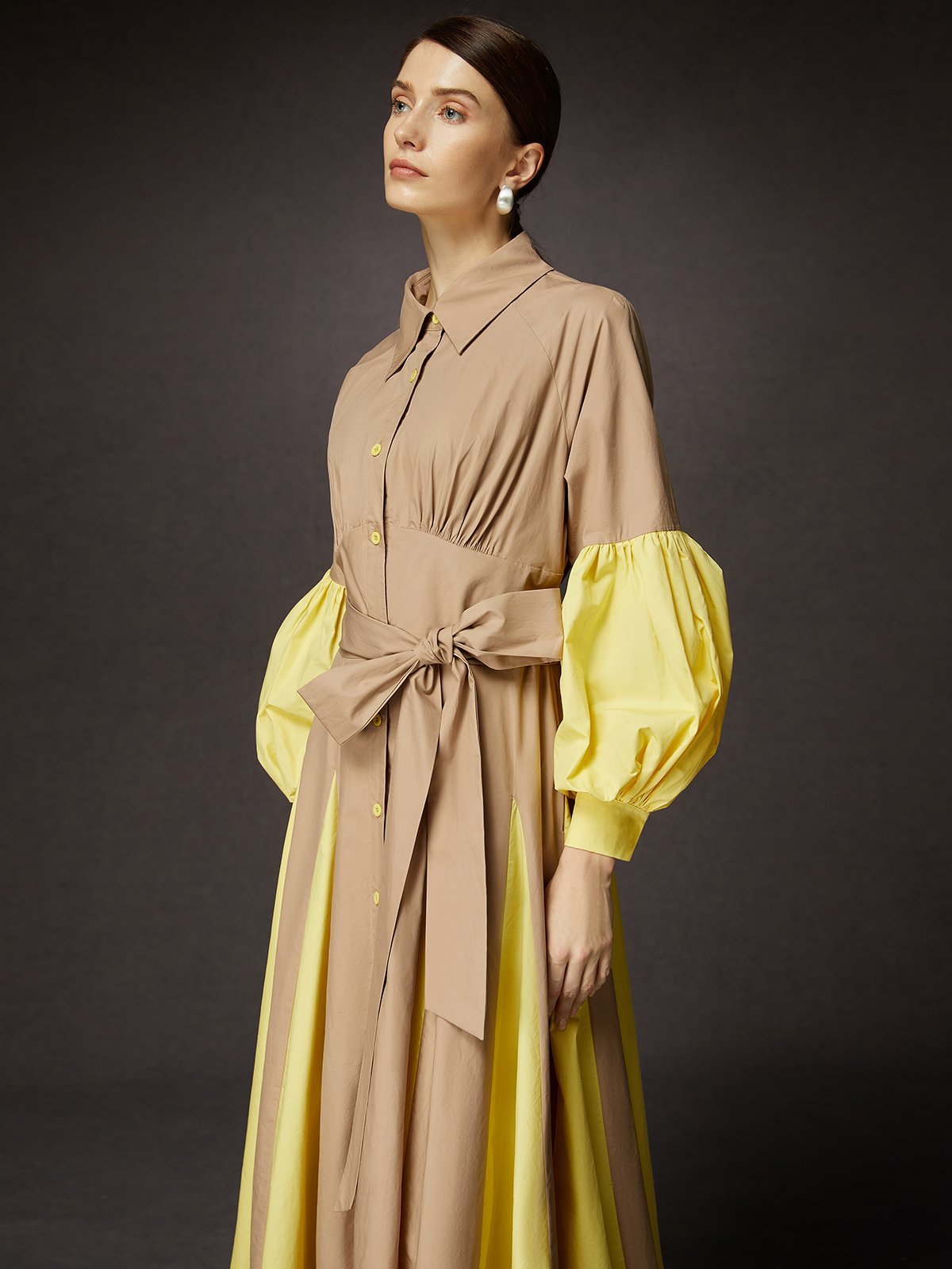 Elegant Color Block Balloon Sleeve Midi Shirt Dress With Belt