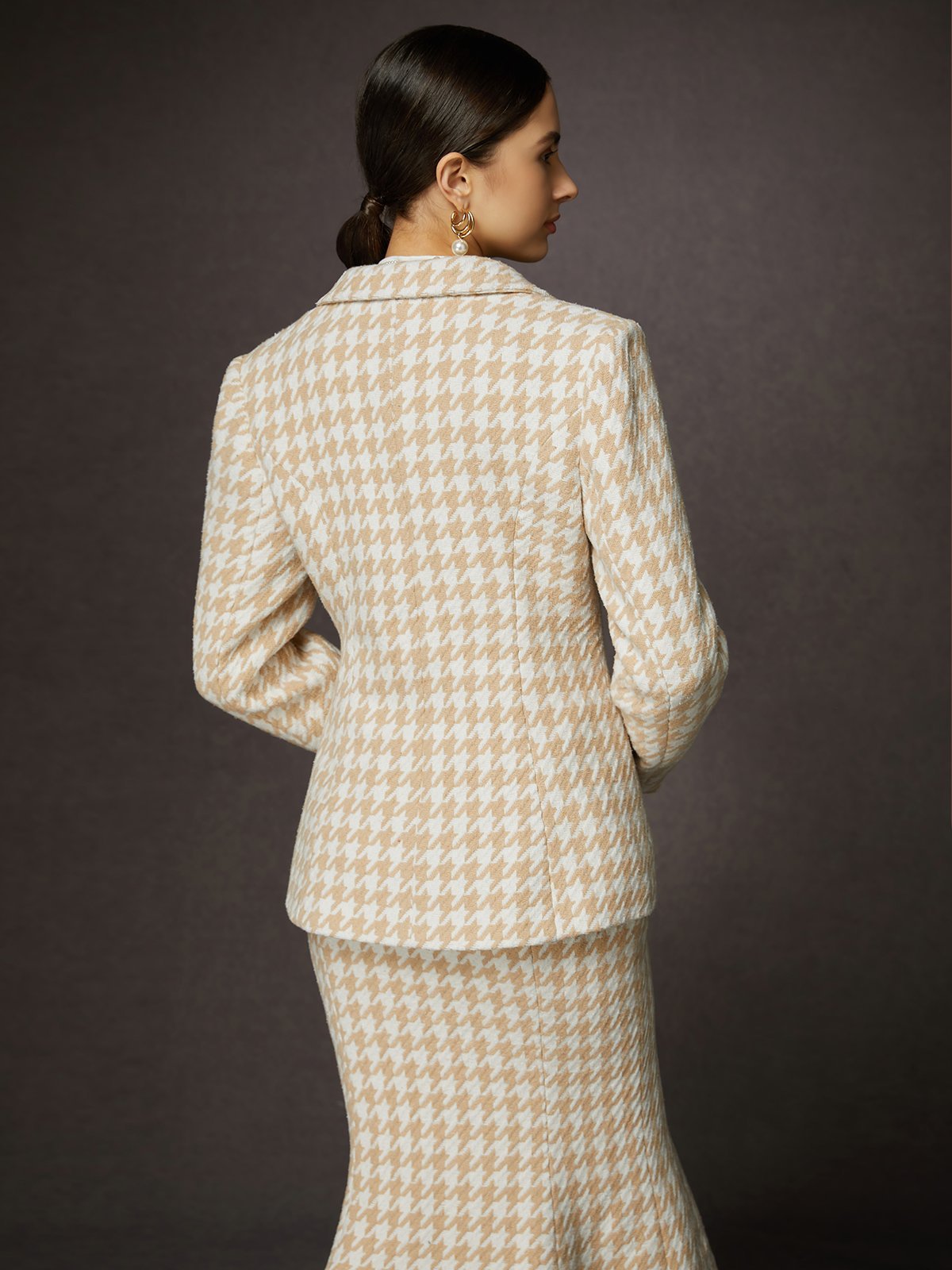 Elegant Houndstooth Lapel Collar Blazer