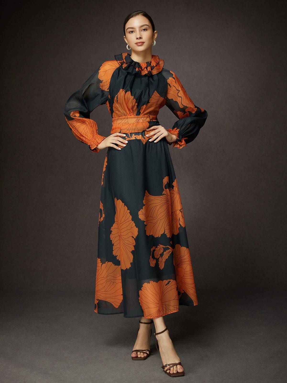 Loose Lotus Leaf Collar Long Sleeve Elegant Floral Maxi Dress