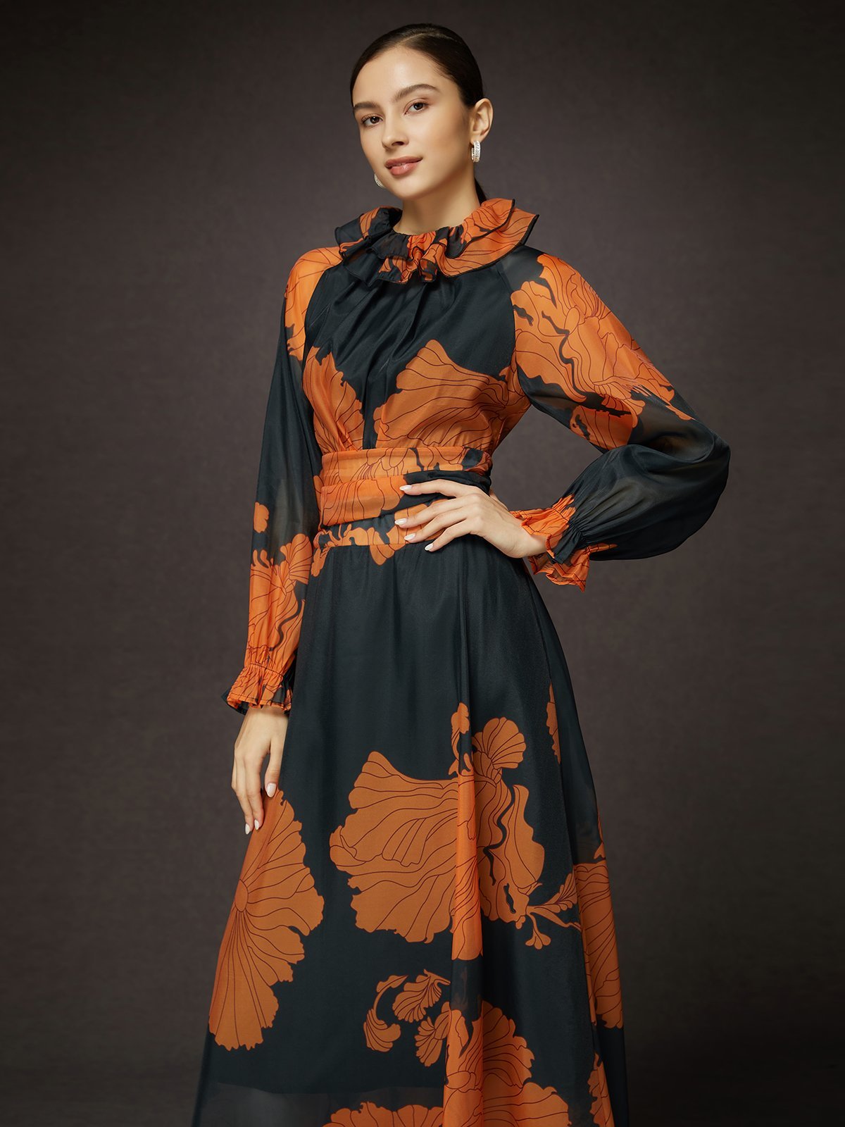 Loose Lotus Leaf Collar Long Sleeve Elegant Floral Maxi Dress