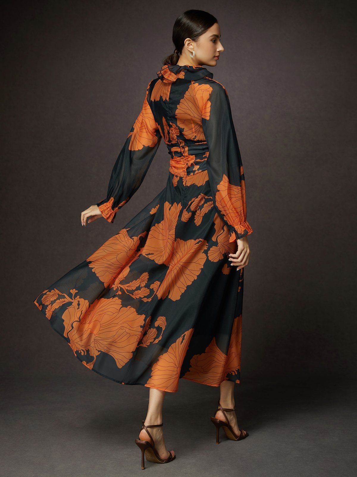 Loose Lotus Leaf Collar Long Sleeve Elegant Floral Maxi Dress