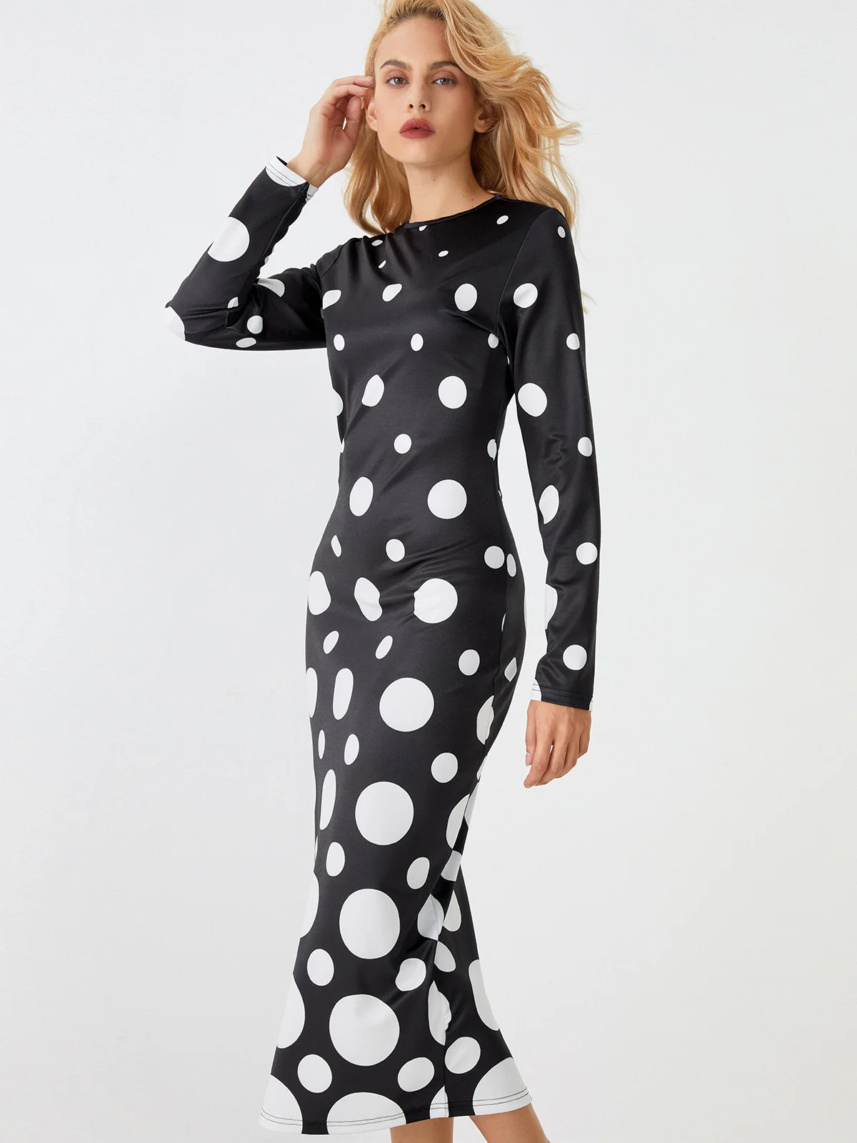 Tight Elegant Polka Dots Long Sleeve Maxi Dress