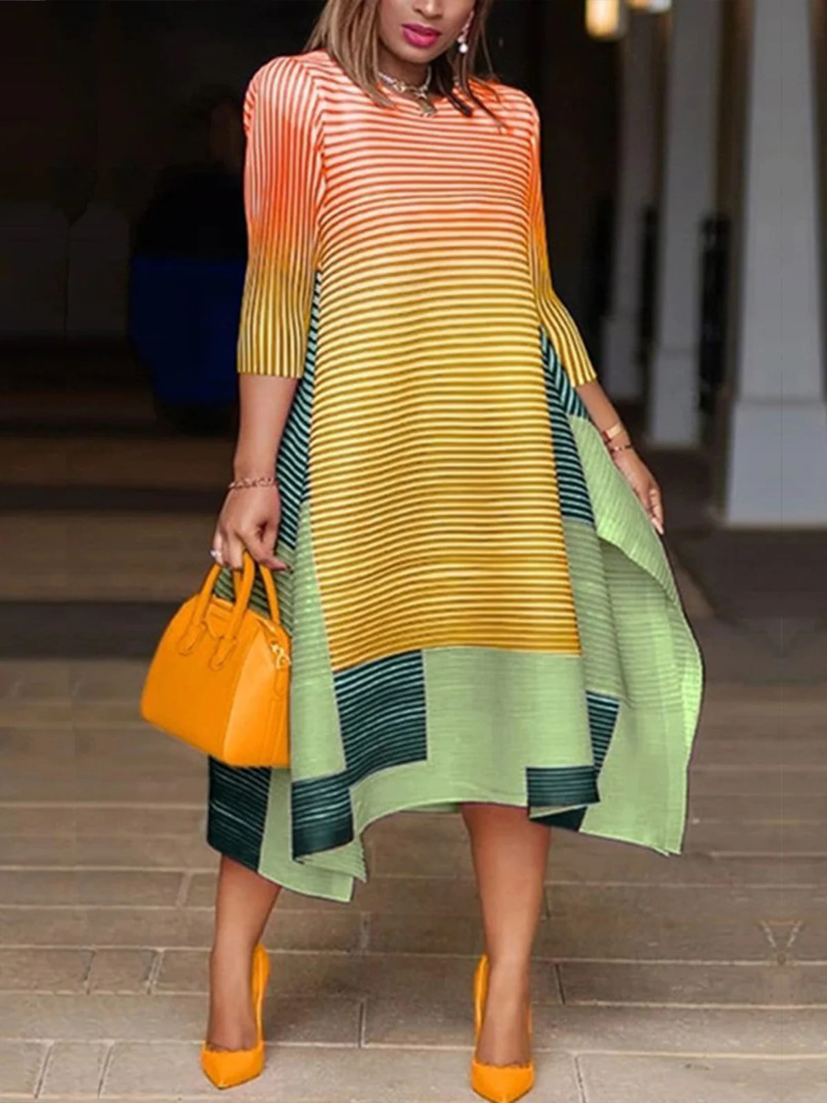 Crew Neck Three Quarter Striped  Printed Dress