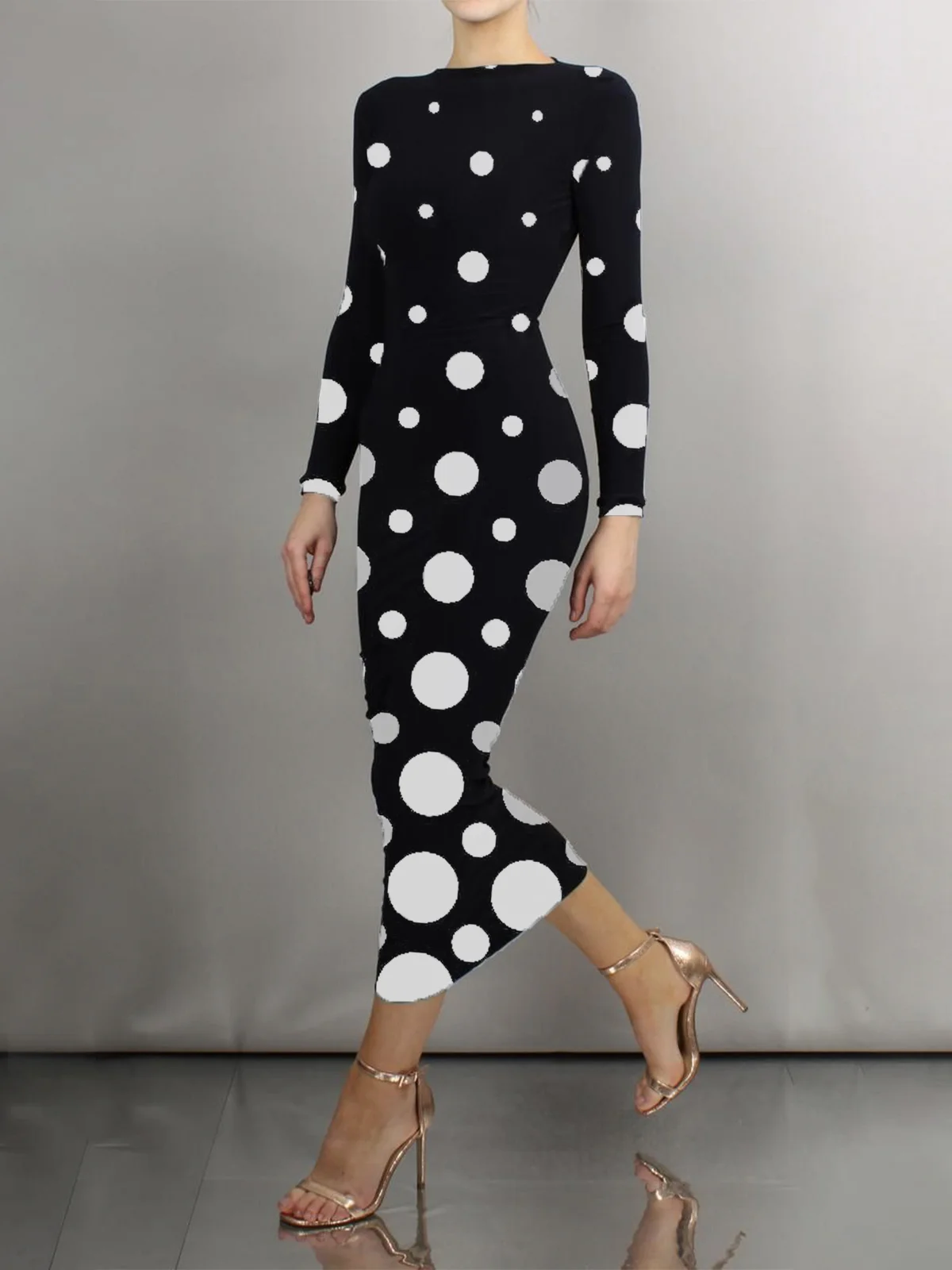 Tight Elegant Polka Dots Long Sleeve Maxi Dress