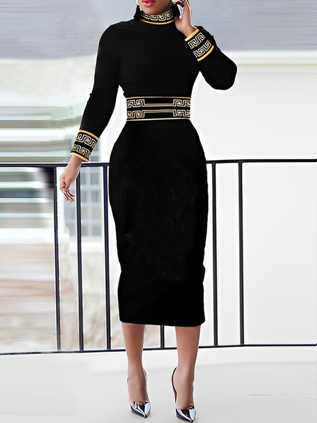 Plus Size Geometric Turtleneck Elegant Dress