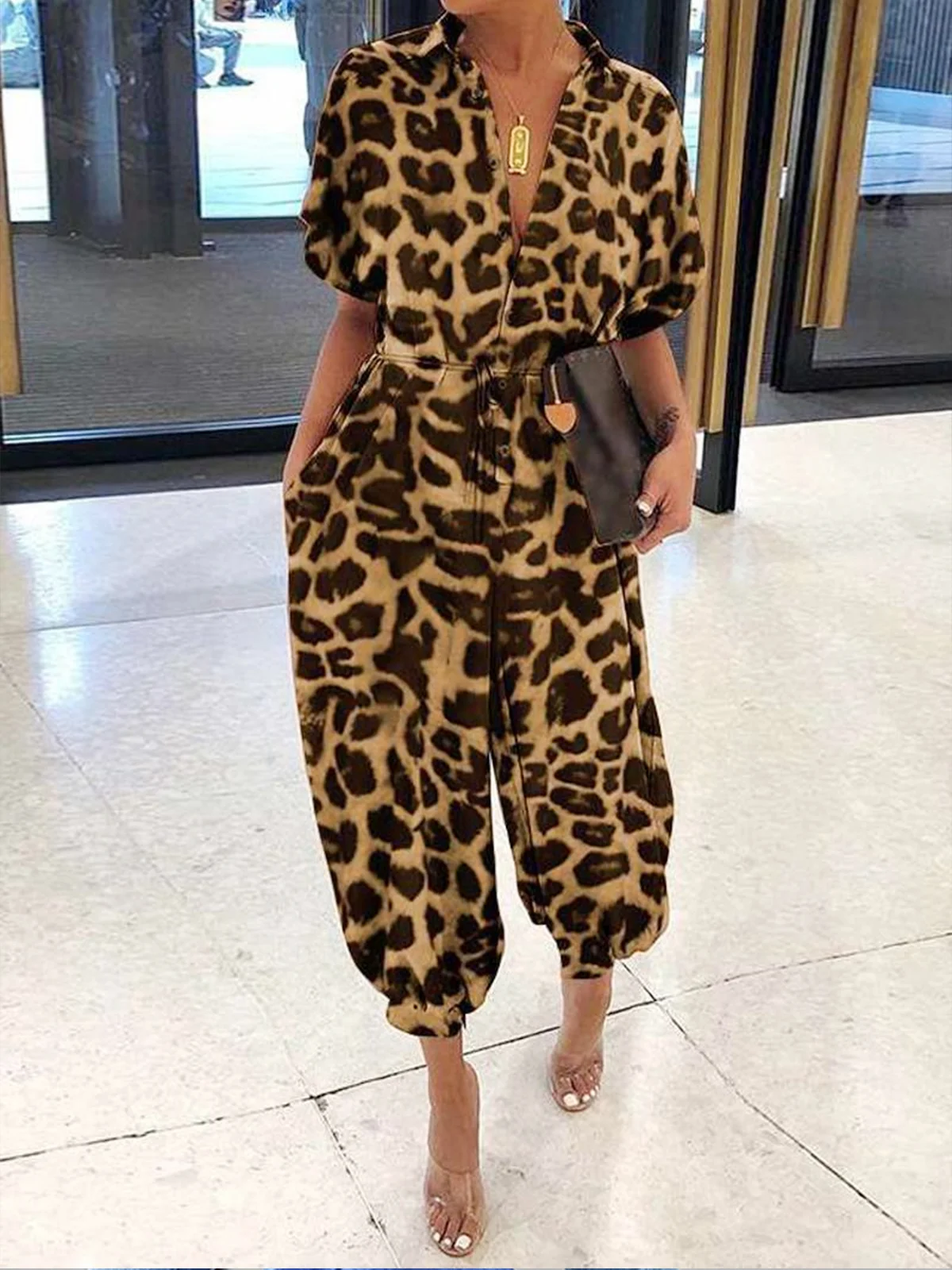 Casual Leopard Regular Fit Shawl Collar Jumpsuit