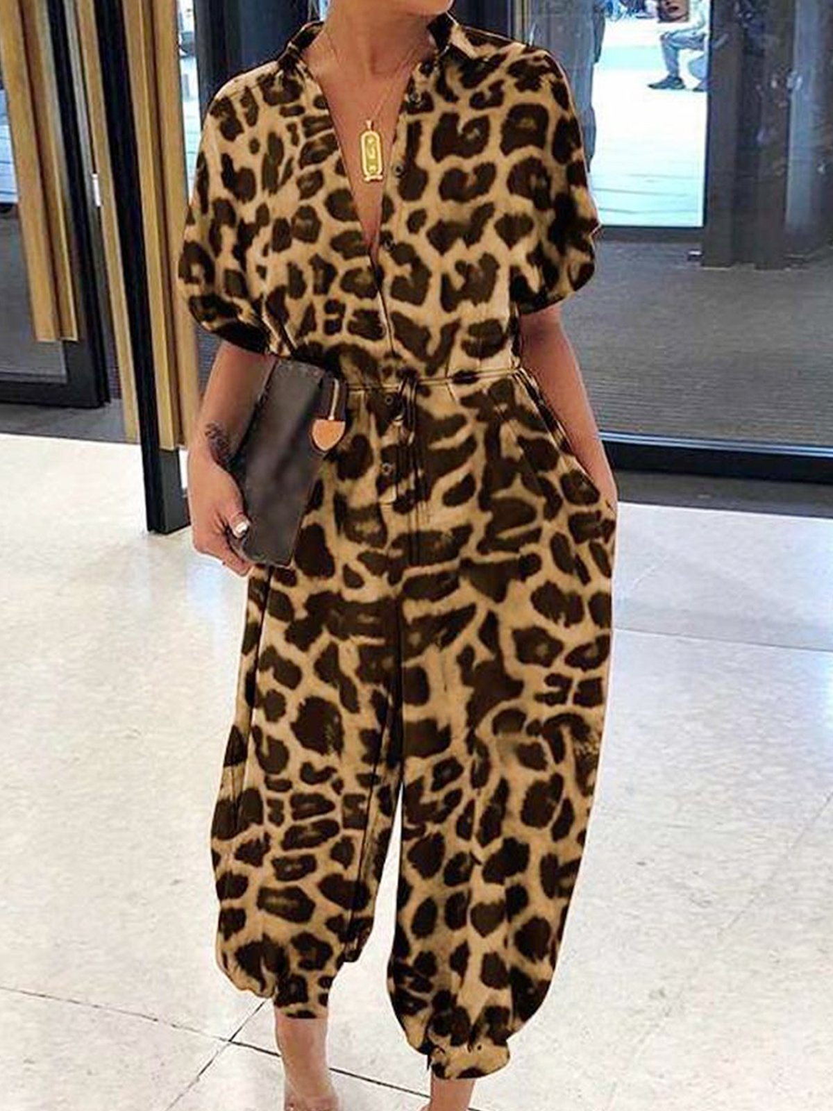 Casual Leopard Regular Fit Shawl Collar Jumpsuit