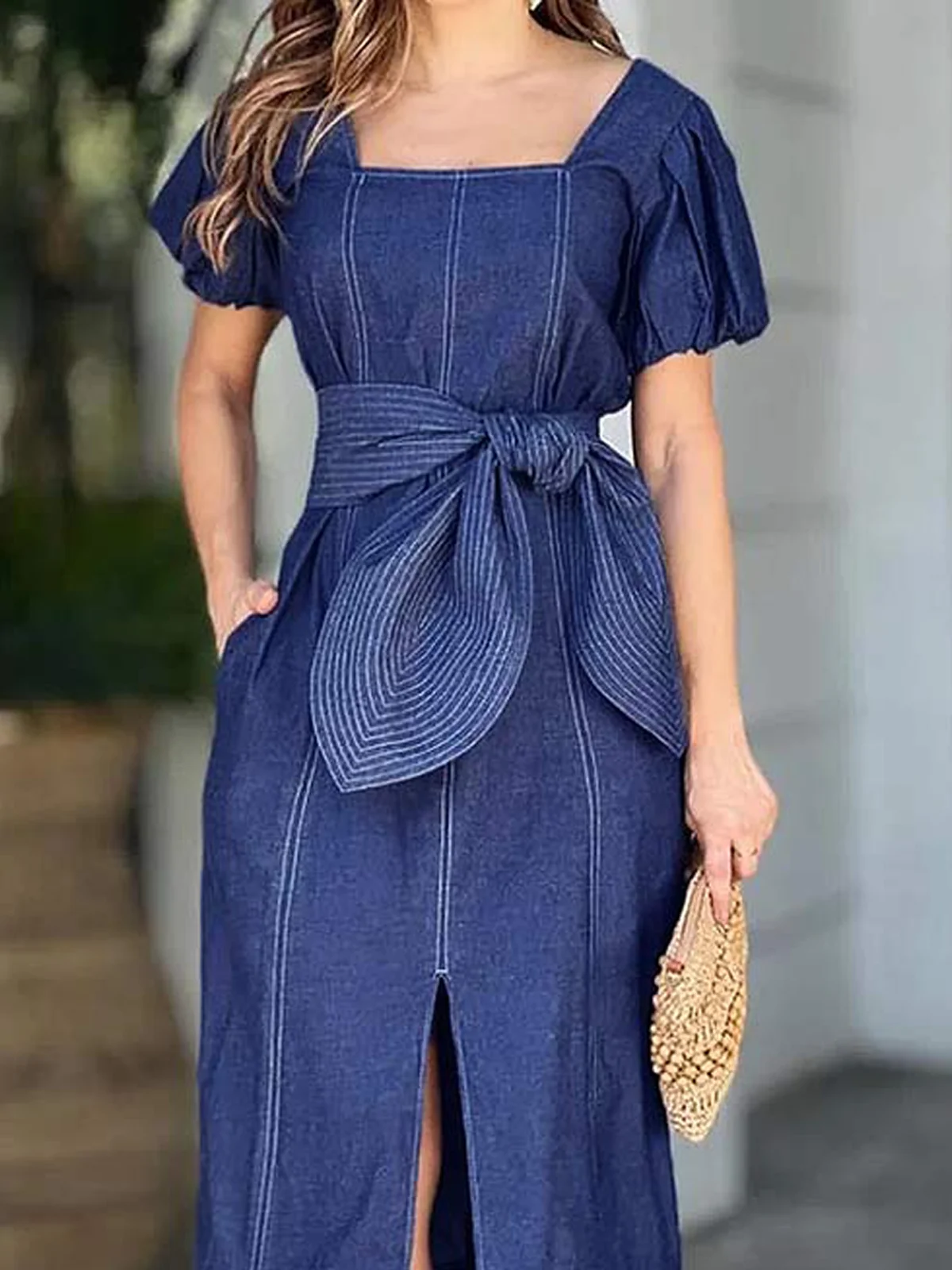 Plus Size Square Neck Short sleeve Loose Elegant Midi Dress | stylewe