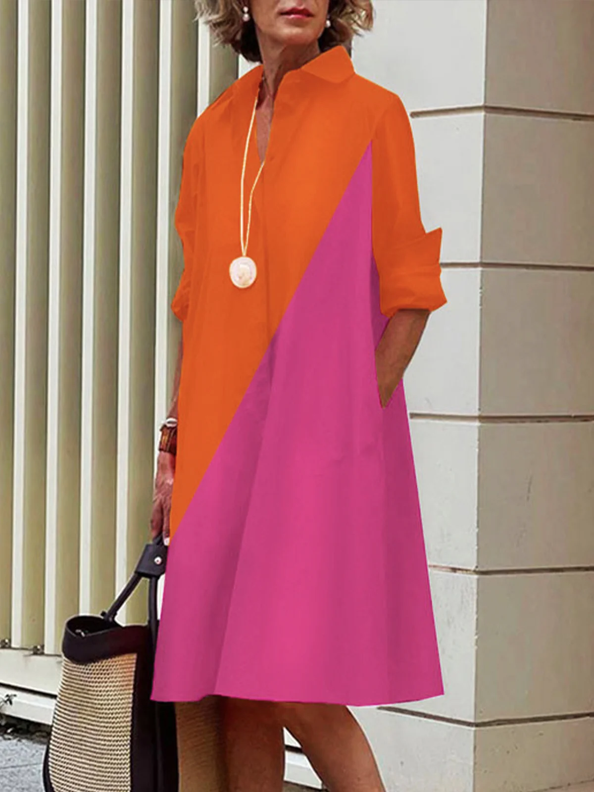 Midi Long sleeve Regular Fit Color Block Shirt Collar Dress | stylewe