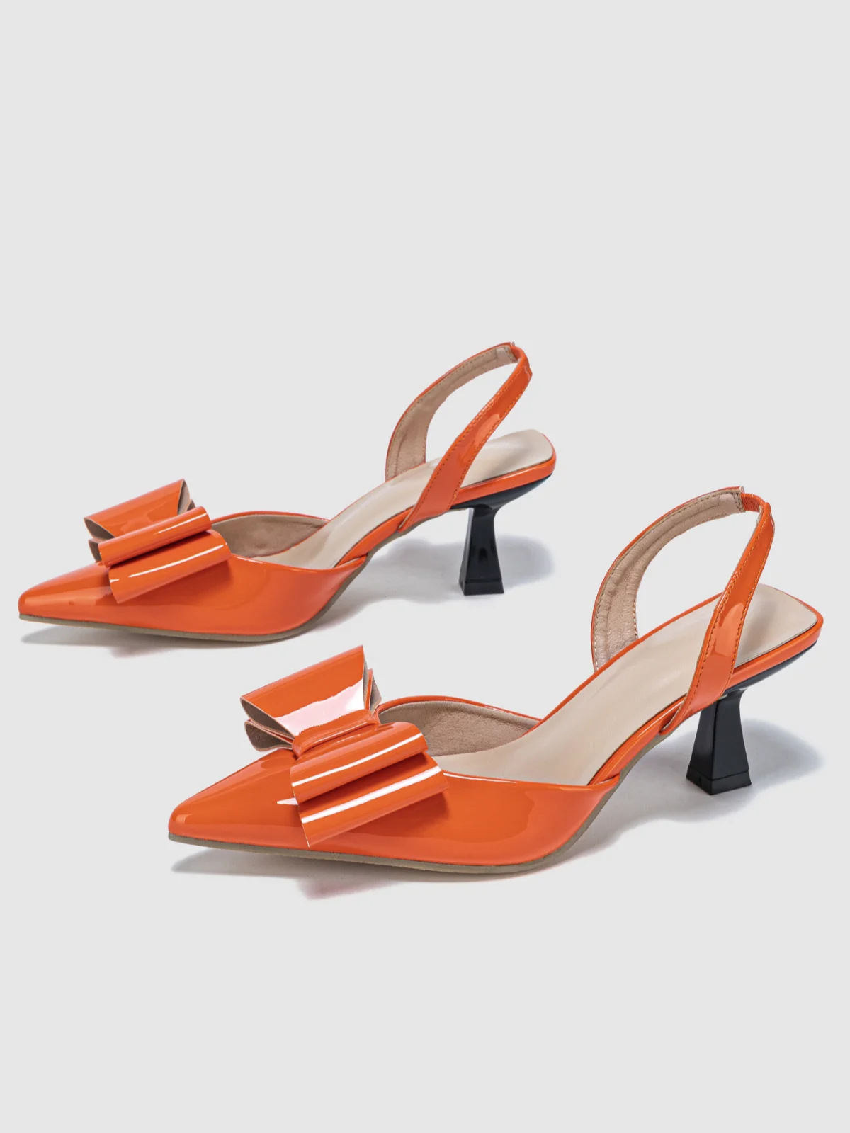 Orange Bow Pointed Toe Block Heel Slingback Pumps