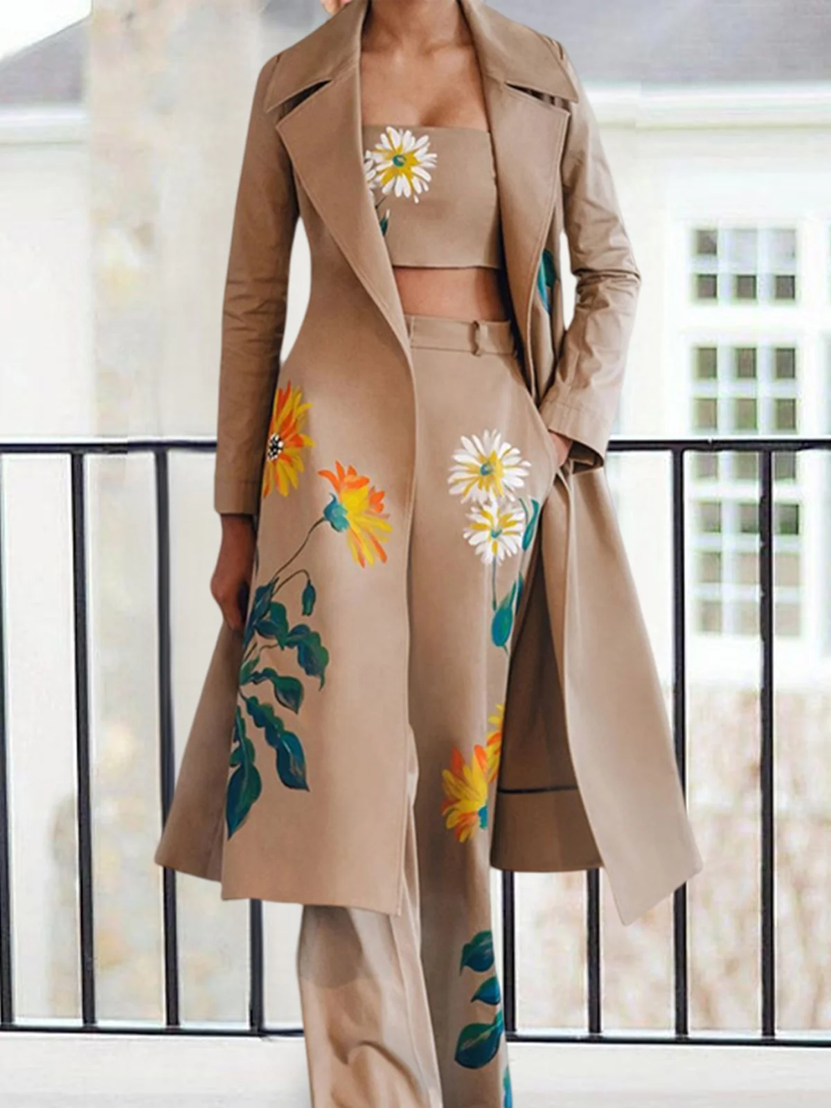 Lapel Collar Urban Regular Fit Floral Trench Coat