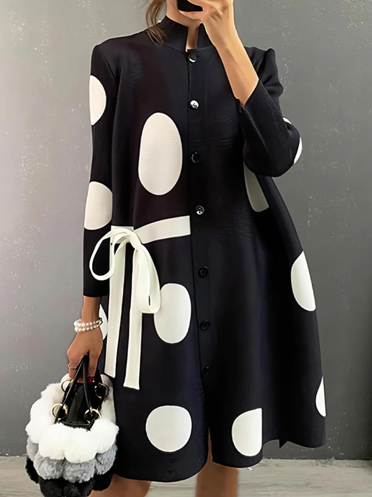 Polka Dots Stand Collar Three Quarter Sleeve Urban Loose Short Dress ...