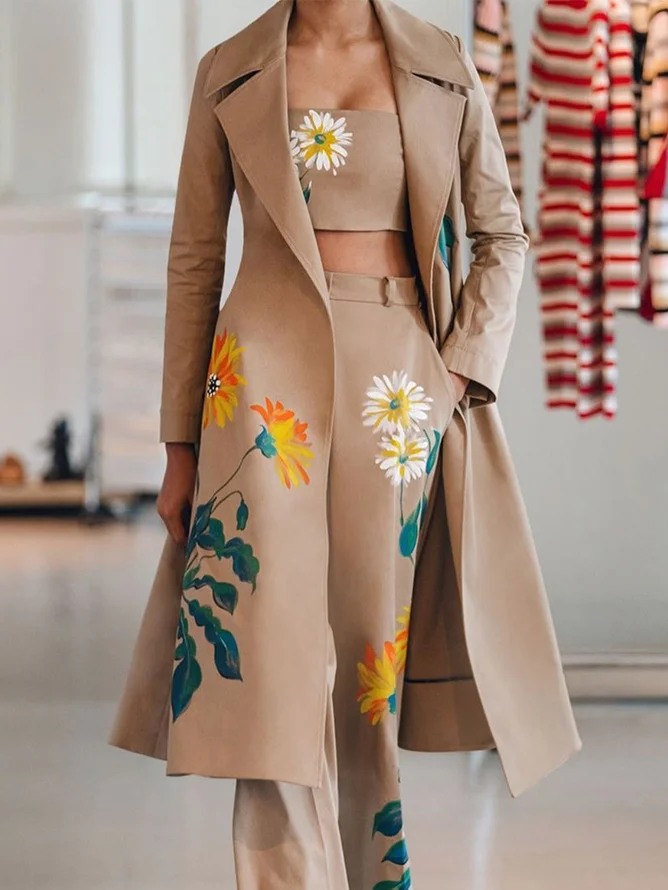 Lapel Collar Urban Regular Fit Floral Trench Coat