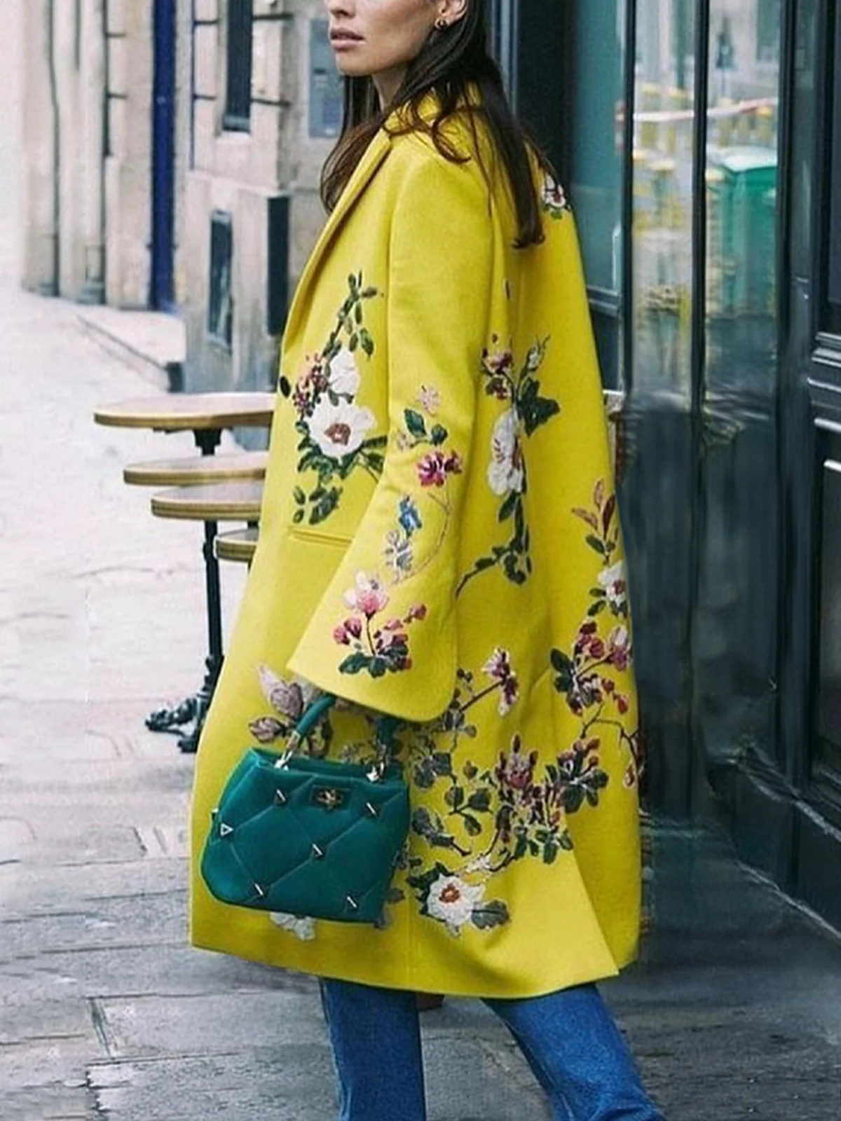 Floral Urban Lapel Collar Loose Long Sleeve Coat