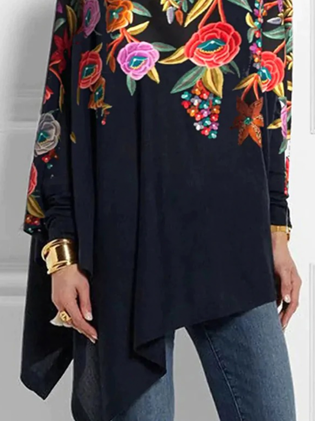 High Elasticity Floral Loose Long Sleeve Turtleneck Urban Shirt