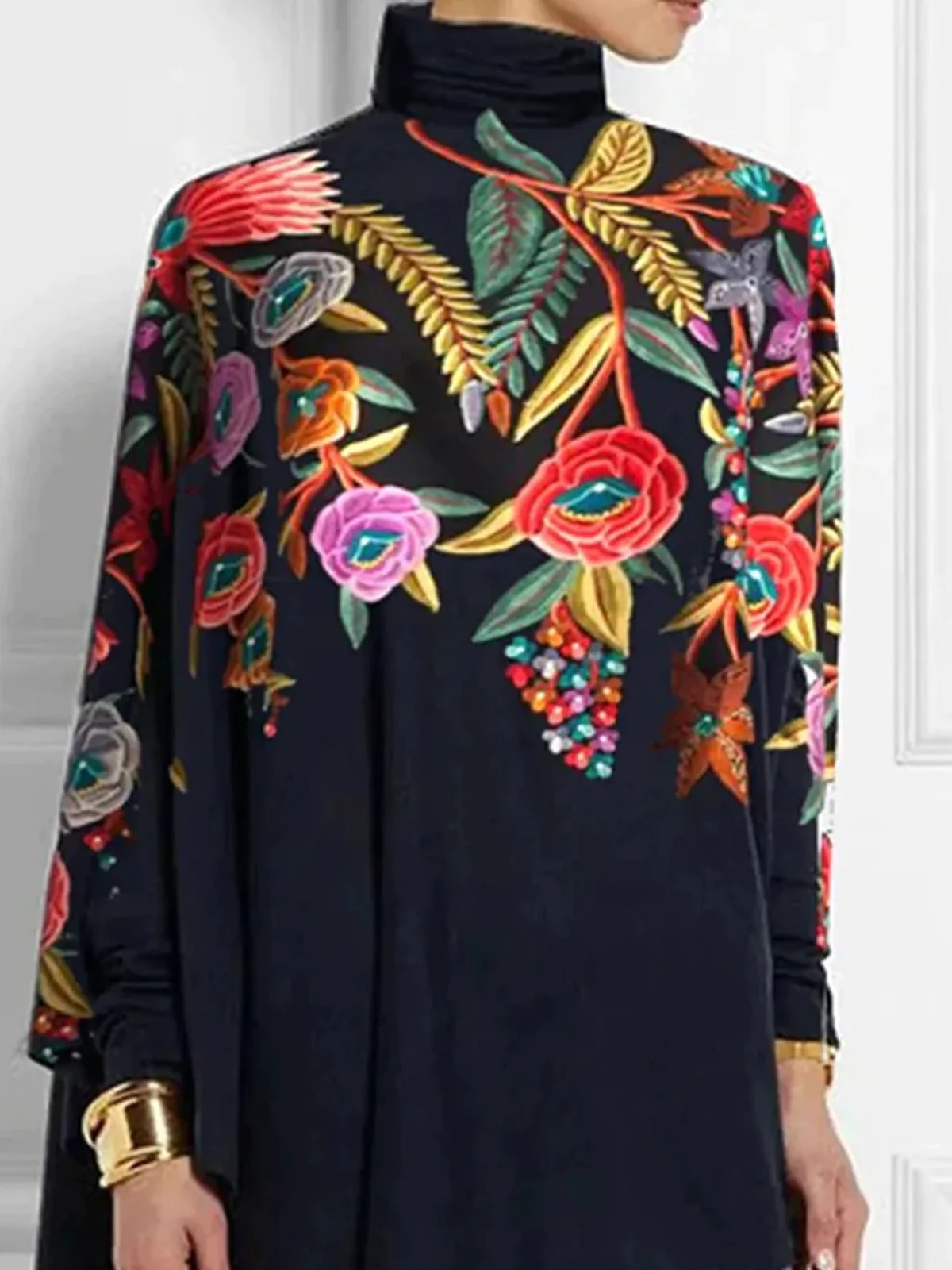 High Elasticity Floral Loose Long Sleeve Turtleneck Urban Shirt