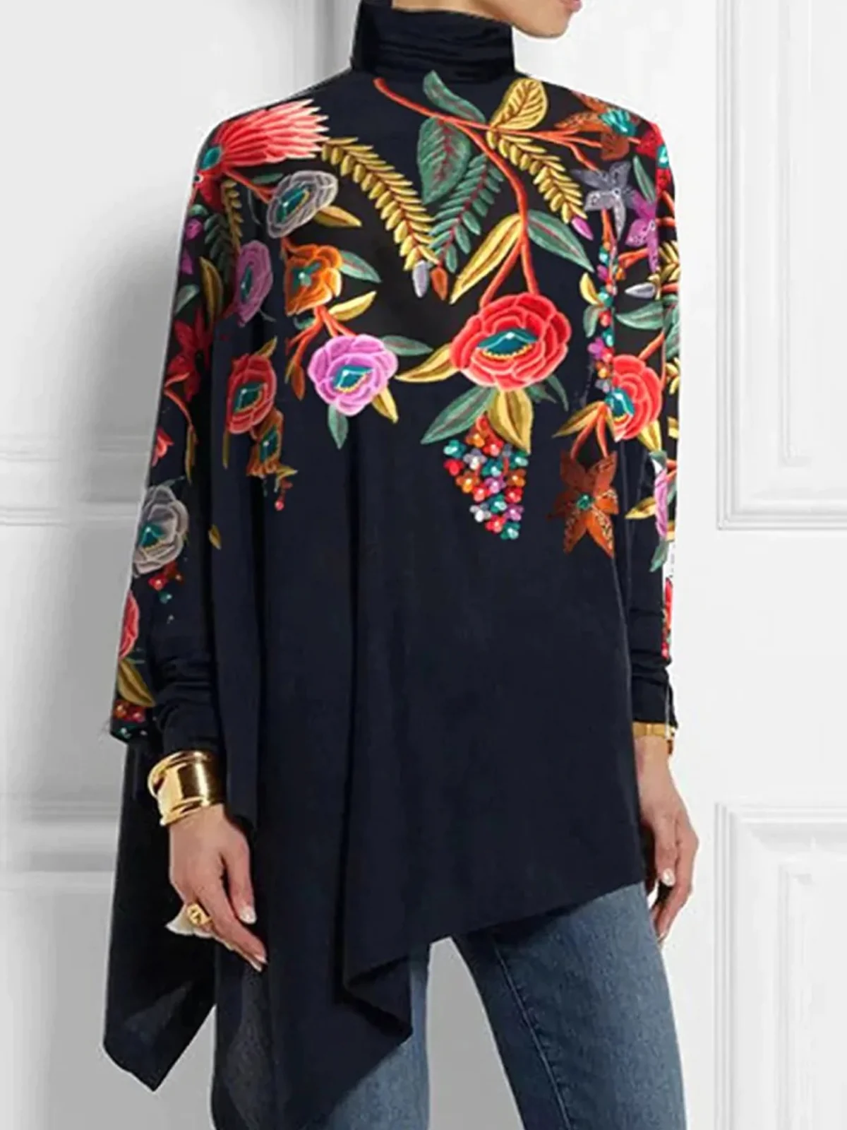 High Elasticity Floral Loose Long Sleeve Turtleneck Urban Shirt