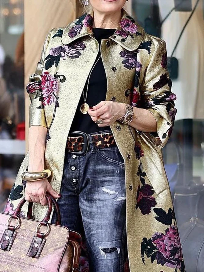 Plus Size Loose Elegant Shawl Collar Floral Trench Coat