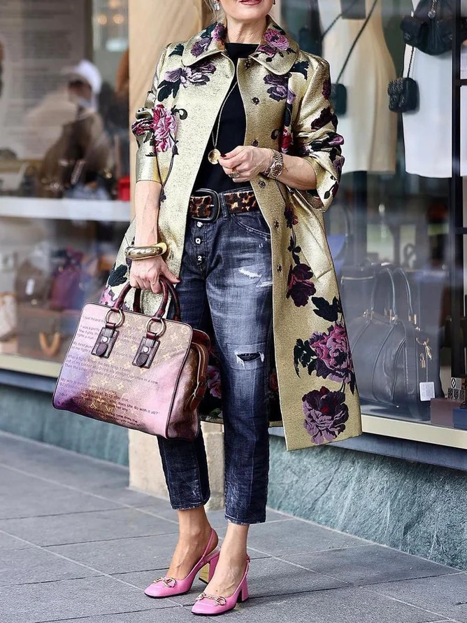 Plus Size Loose Elegant Shawl Collar Floral Trench Coat